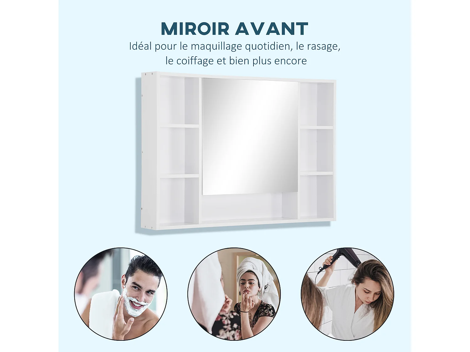 Armoire murale salle de bain avec miroir - 7 niches, étagère - 100 x 15 x 70 cm - MDF blanc