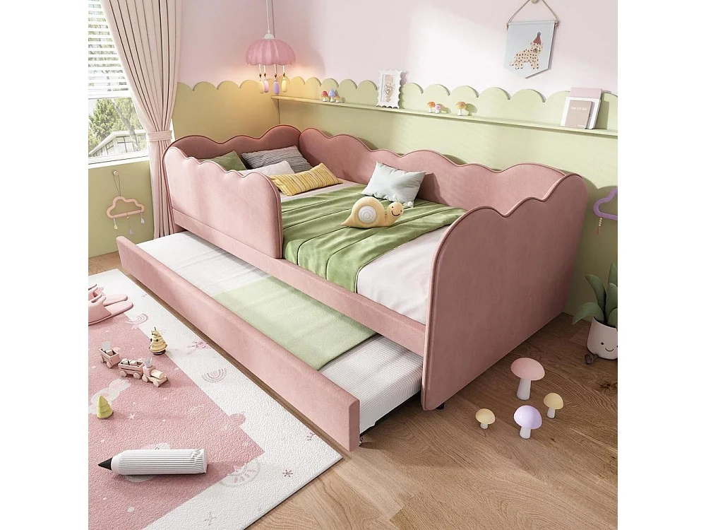 Lit Gigogne 90x190 cm,  Lit Jour Forme Nuage, Lattes, 6 Roues Frein, Canapé, Sans Matelas, Velours Rose