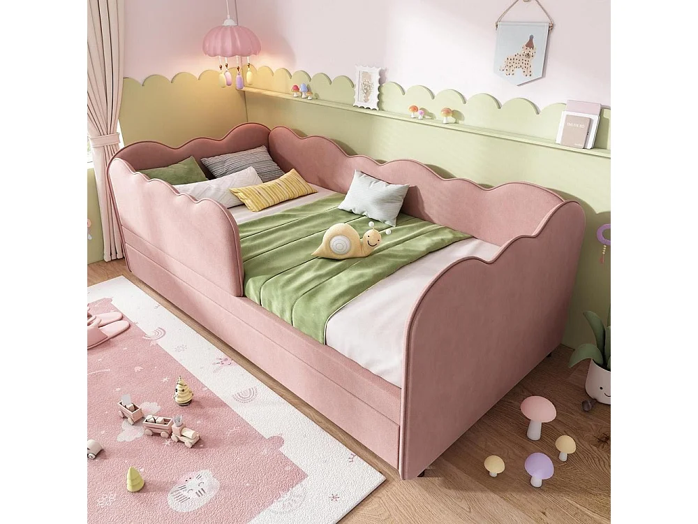 Lit Gigogne 90x190 cm,  Lit Jour Forme Nuage, Lattes, 6 Roues Frein, Canapé, Sans Matelas, Velours Rose