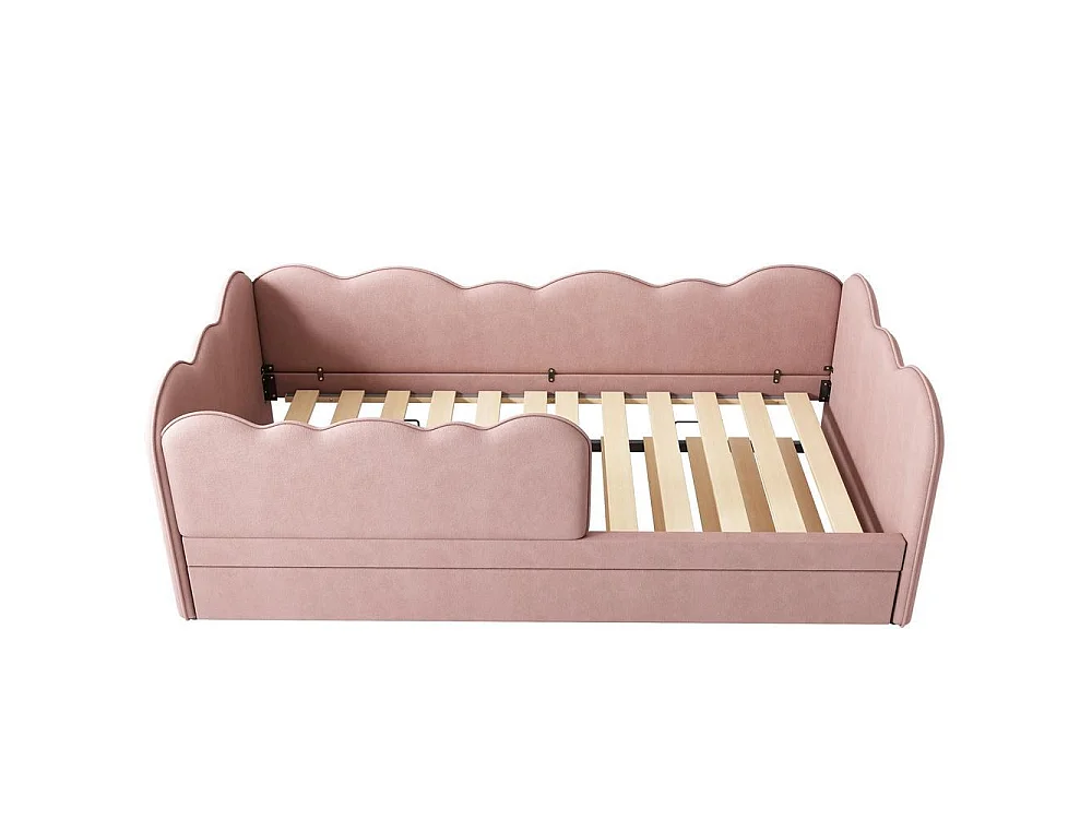 Lit Gigogne 90x190 cm,  Lit Jour Forme Nuage, Lattes, 6 Roues Frein, Canapé, Sans Matelas, Velours Rose