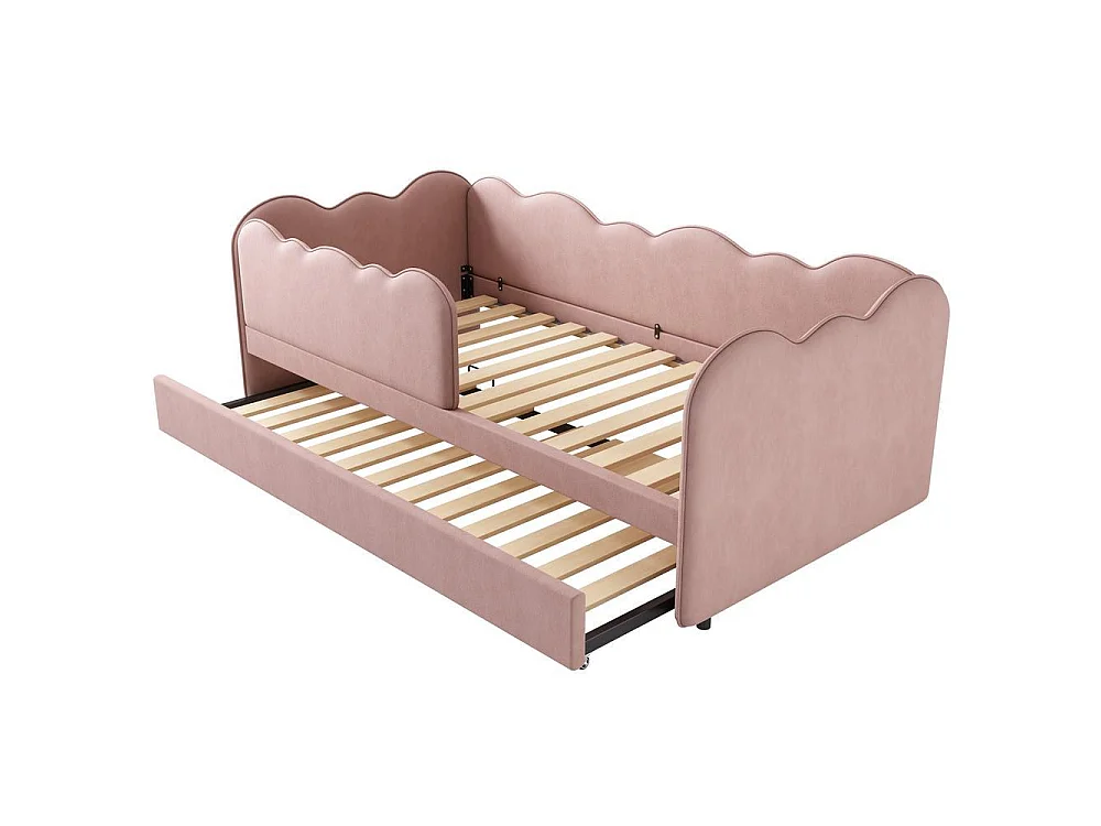 Lit Gigogne 90x190 cm,  Lit Jour Forme Nuage, Lattes, 6 Roues Frein, Canapé, Sans Matelas, Velours Rose