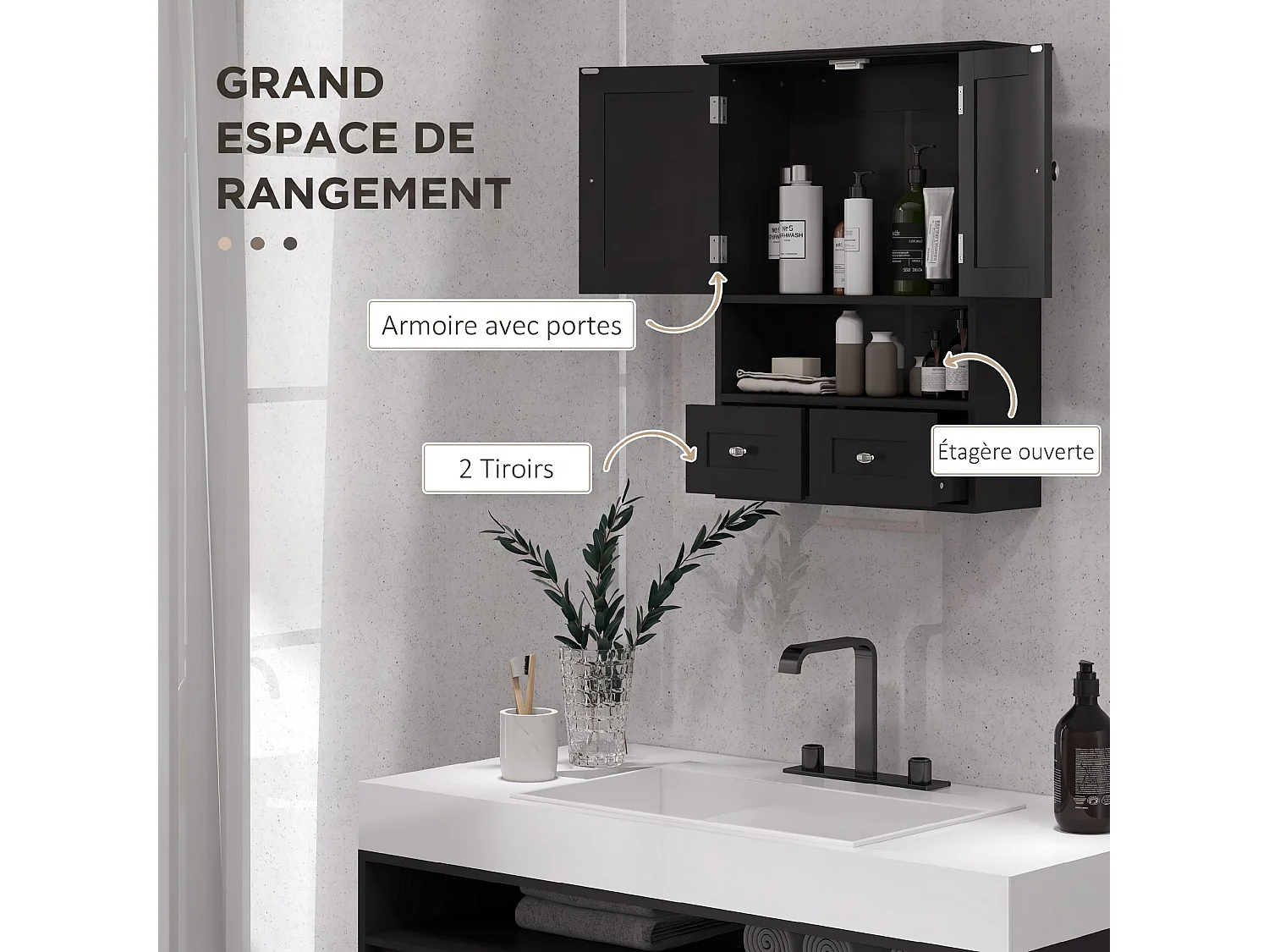 Armoire murale de salle de bain - 2 portes, 2 tiroirs, niche - MDF noir