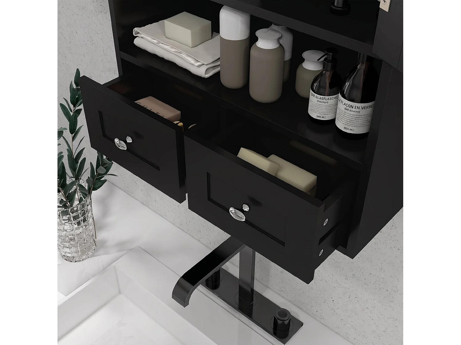 Armoire murale de salle de bain - 2 portes, 2 tiroirs, niche - MDF noir
