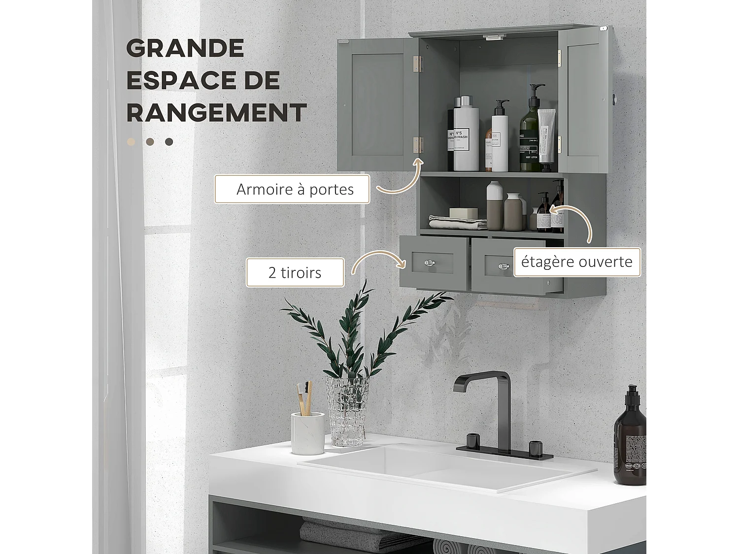 Armoire murale de salle de bain - 2 portes, 2 tiroirs, niche - MDF gris