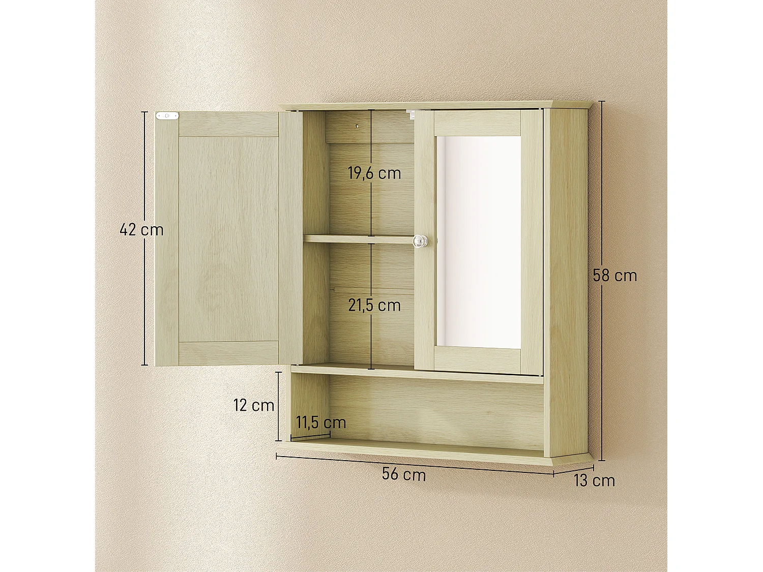 Armoire murale étagère salle de bain 56L x 13l x 58H cm double porte miroir étagère réglable MDF naturel
