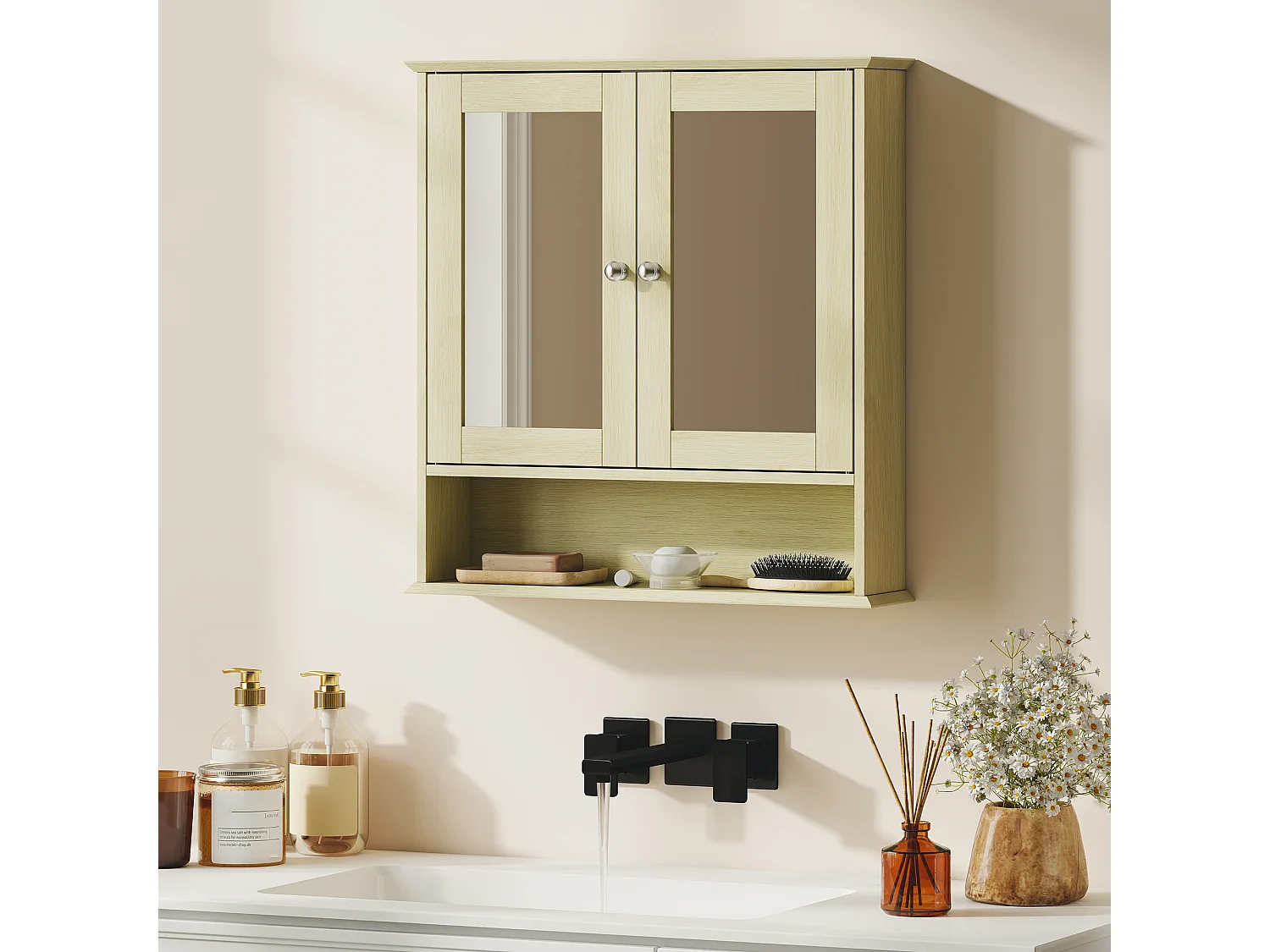 Armoire murale étagère salle de bain 56L x 13l x 58H cm double porte miroir étagère réglable MDF naturel