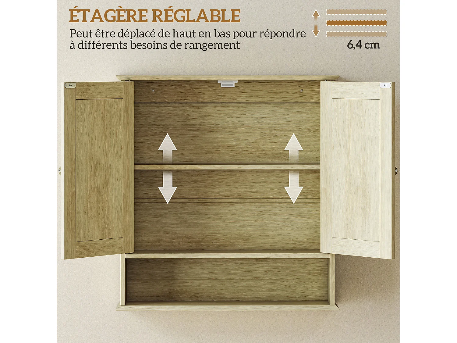 Armoire murale étagère salle de bain 56L x 13l x 58H cm double porte miroir étagère réglable MDF naturel