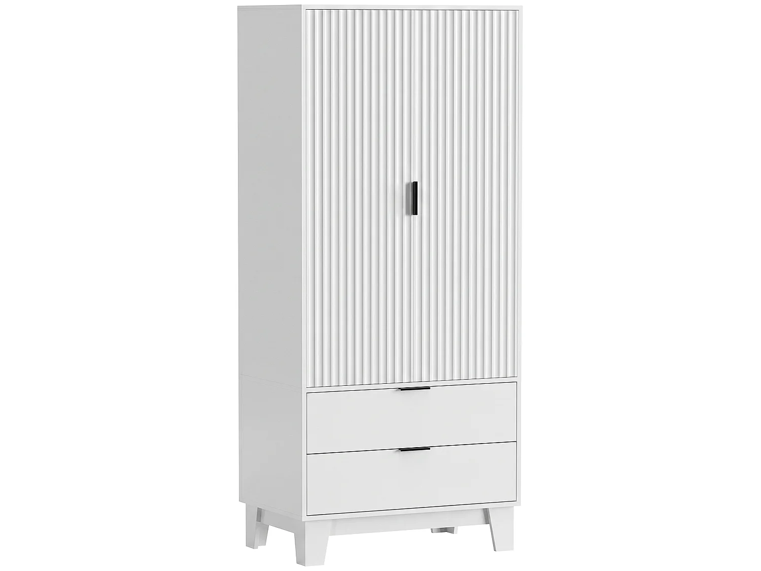 Armoire penderie 2 portes cannelées 2 grands tiroirs - dim. 80 x 50 x 180 cm - blanc
