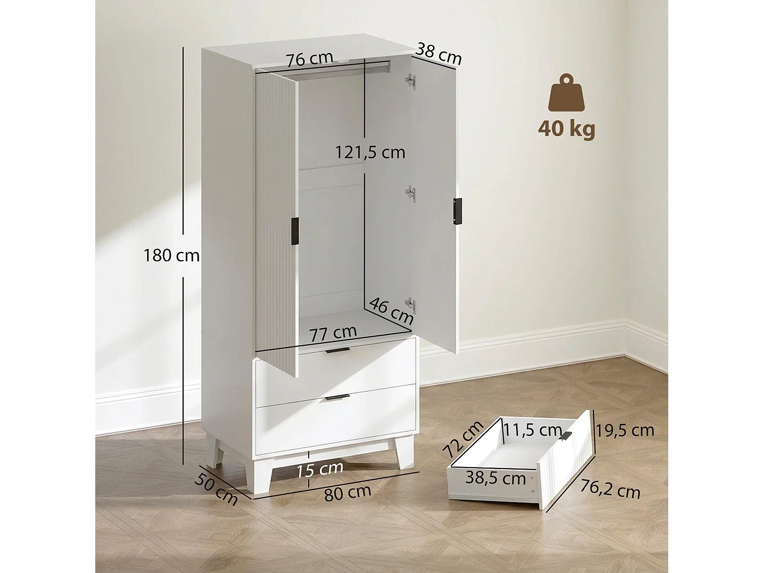 Armoire penderie 2 portes cannelées 2 grands tiroirs - dim. 80 x 50 x 180 cm - blanc