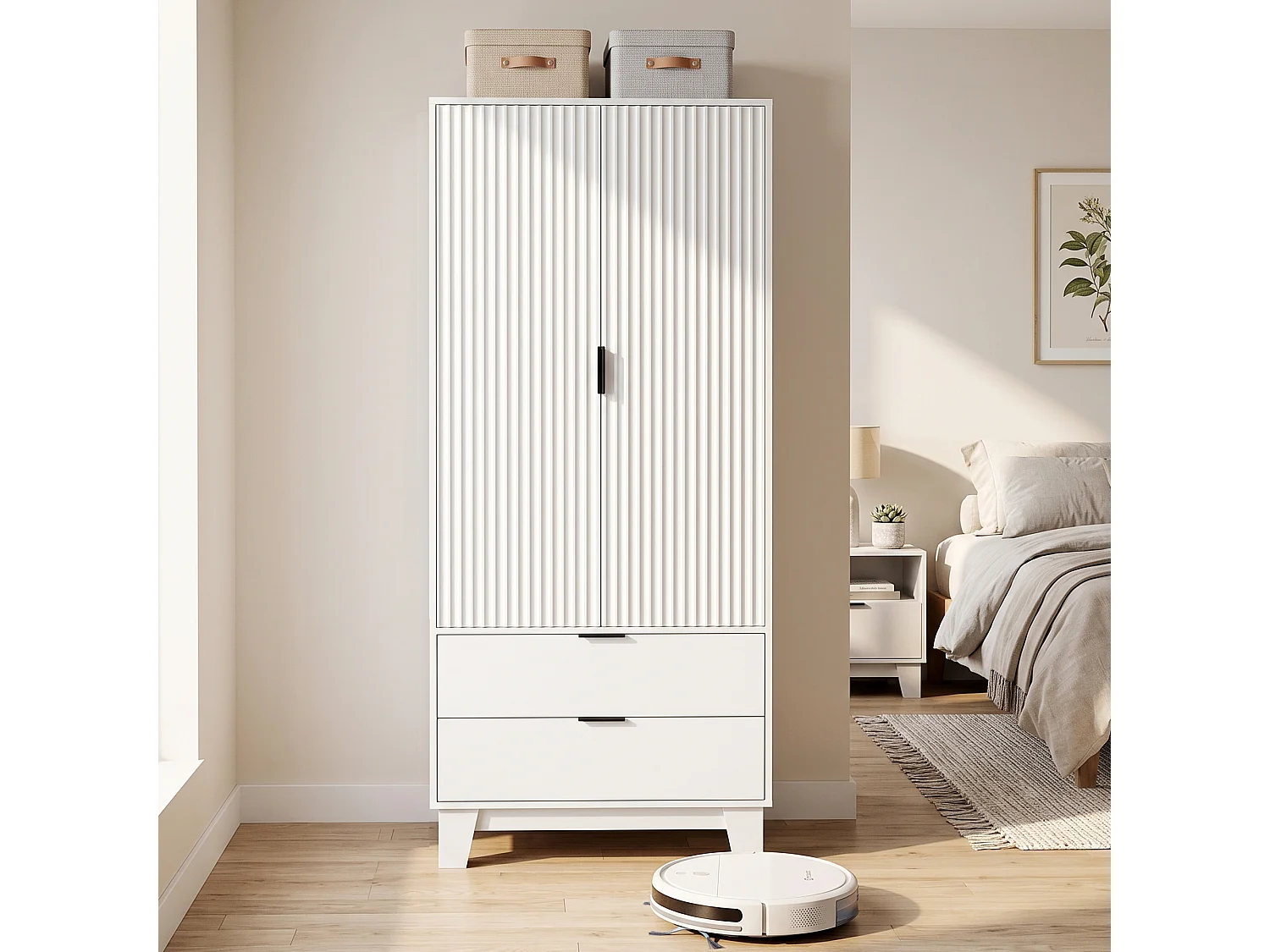 Armoire penderie 2 portes cannelées 2 grands tiroirs - dim. 80 x 50 x 180 cm - blanc