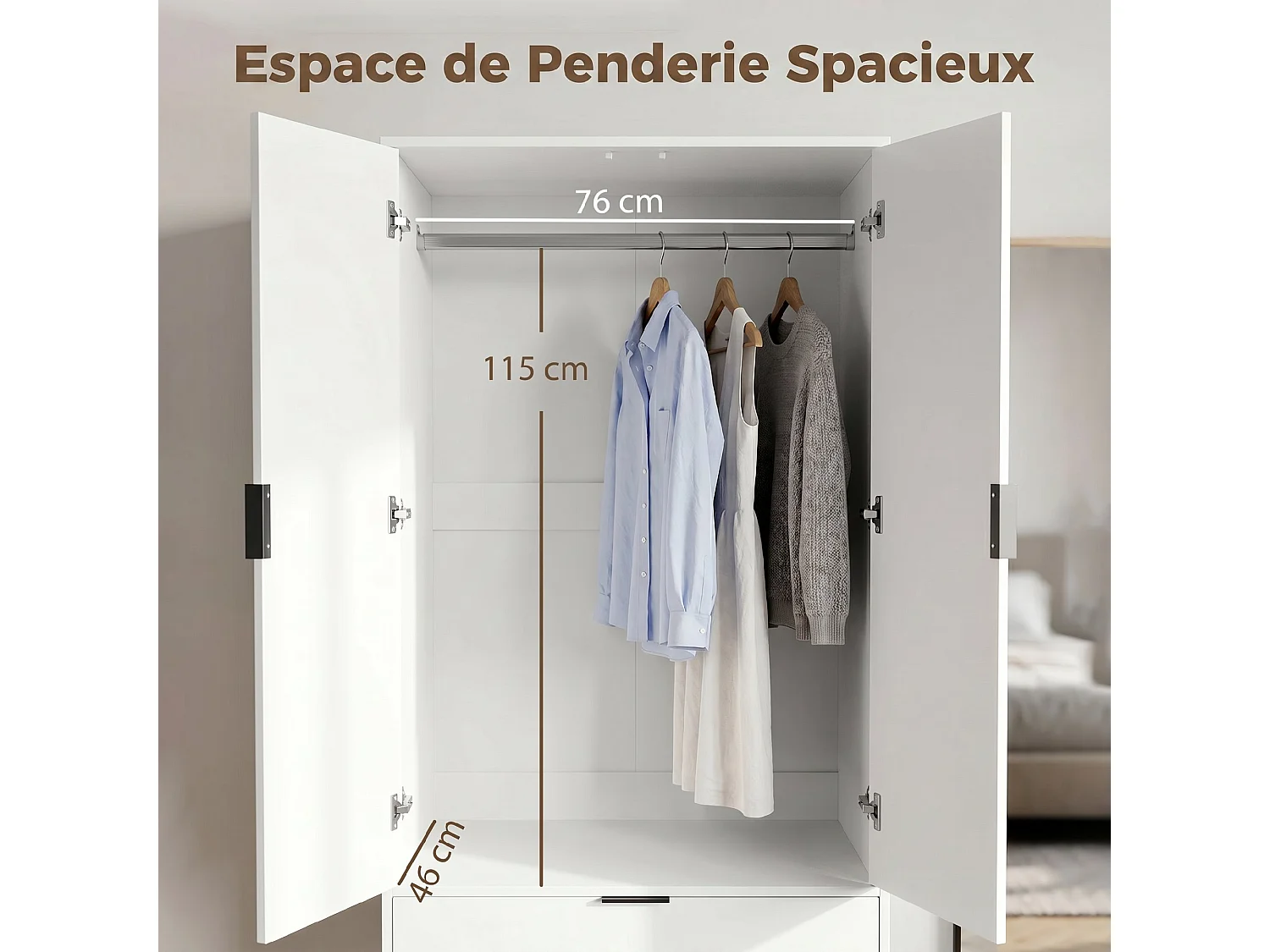 Armoire penderie 2 portes cannelées 2 grands tiroirs - dim. 80 x 50 x 180 cm - blanc