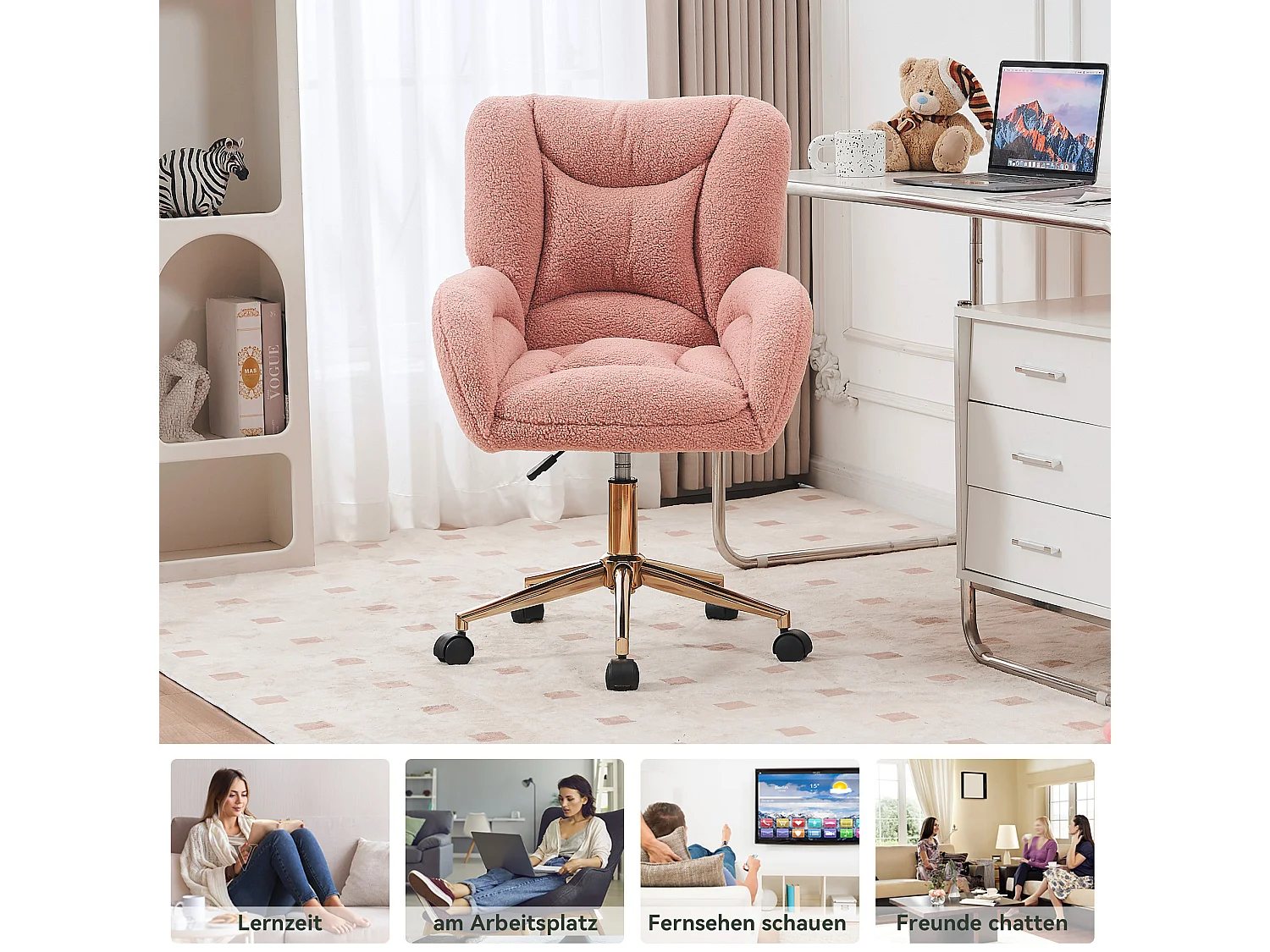 Chaise de bureau 64/62/92.5 cm – hauteur réglable, pivotante 360°, roulettes, dossier ergonomique – Lammfell-Optik rose
