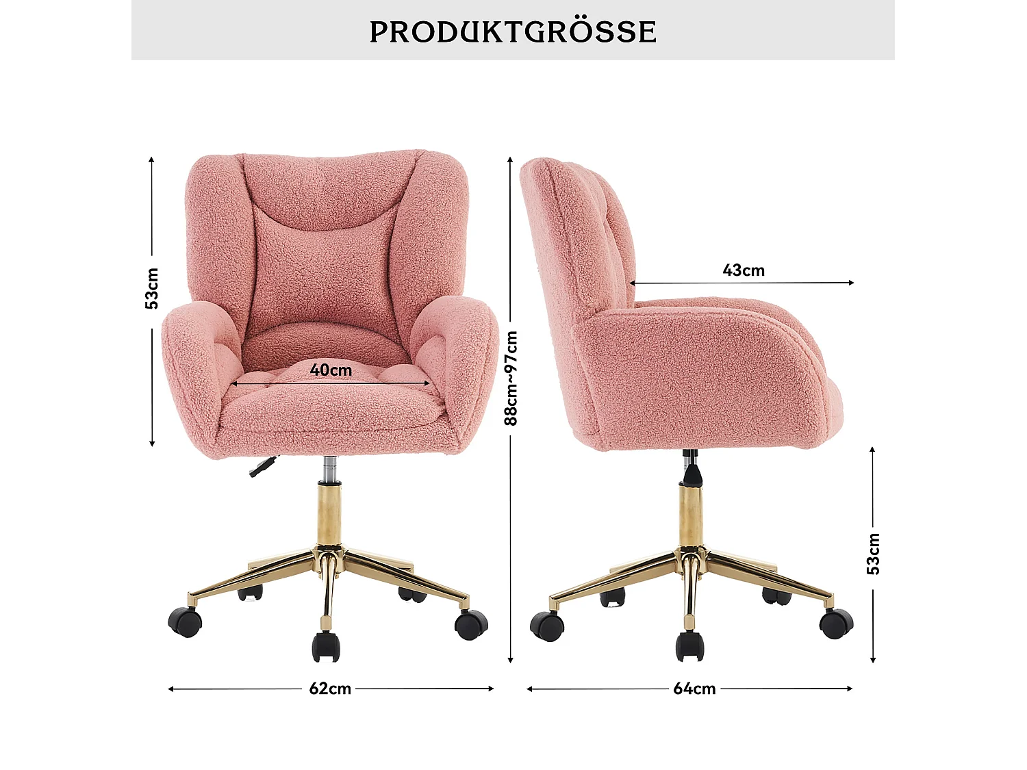 Chaise de bureau 64/62/92.5 cm – hauteur réglable, pivotante 360°, roulettes, dossier ergonomique – Lammfell-Optik rose