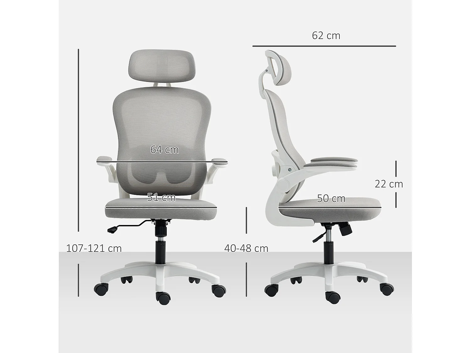 Chaise bureau ergonomique accoudoirs relevables tissu maille gris blanc