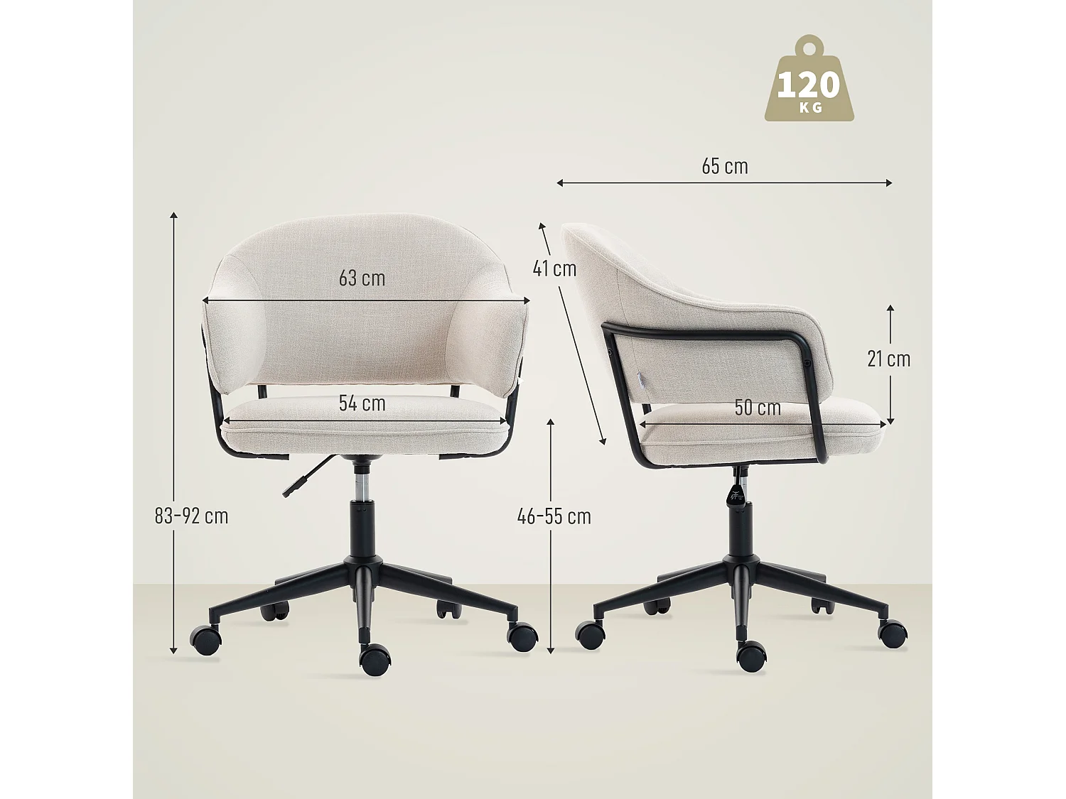 Chaise de bureau design ergonomique réglable dossier enveloppant ajouré métal noir tissu beige