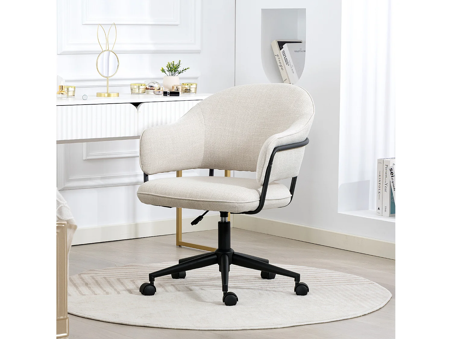 Chaise de bureau design ergonomique réglable dossier enveloppant ajouré métal noir tissu beige