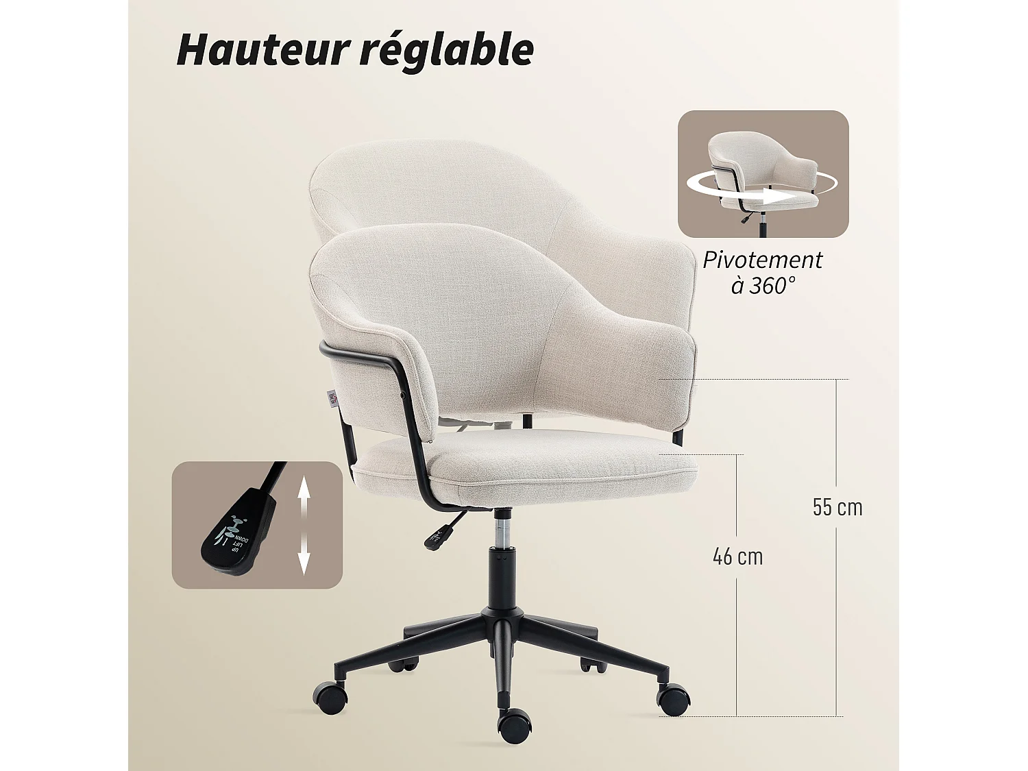 Chaise de bureau design ergonomique réglable dossier enveloppant ajouré métal noir tissu beige
