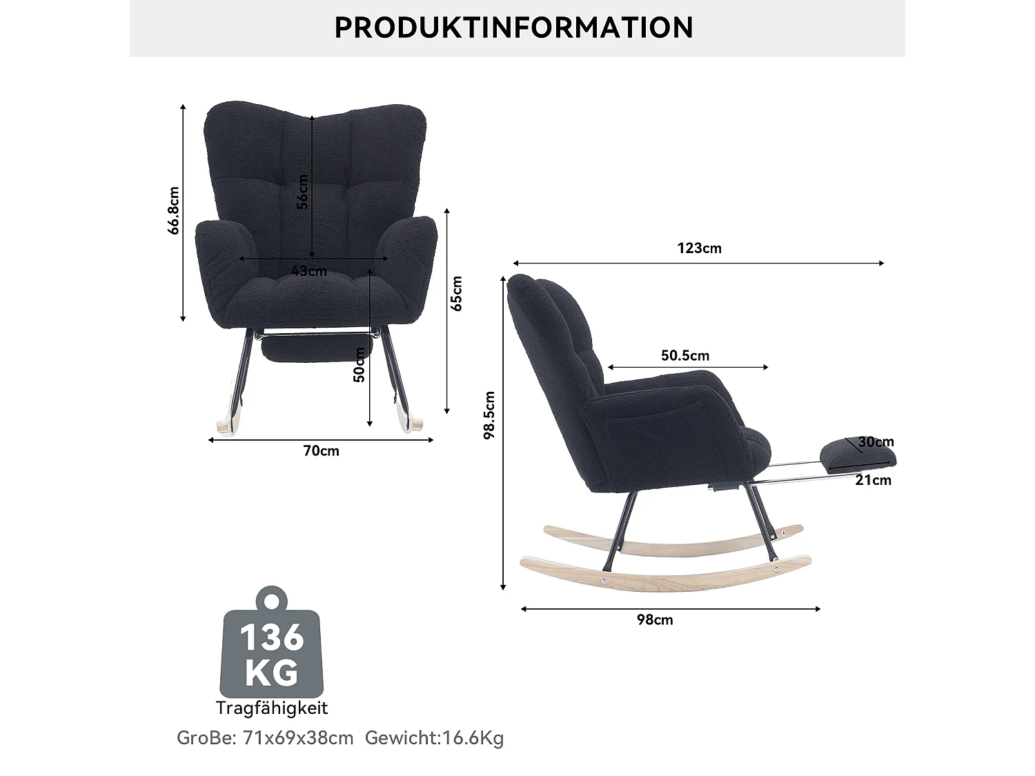 Fauteuil à bascule 80/98/98.5 cm, Rocking chair avec repose-pieds pliable Lammfell-Optik noir
