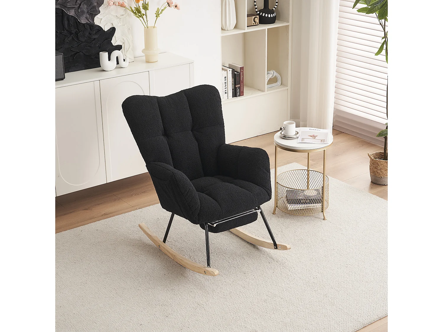 Fauteuil à bascule 80/98/98.5 cm, Rocking chair avec repose-pieds pliable Lammfell-Optik noir