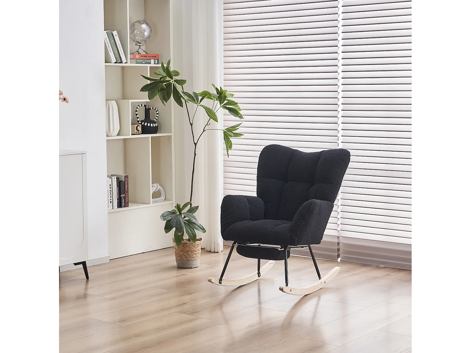 Fauteuil à bascule 80/98/98.5 cm, Rocking chair avec repose-pieds pliable Lammfell-Optik noir