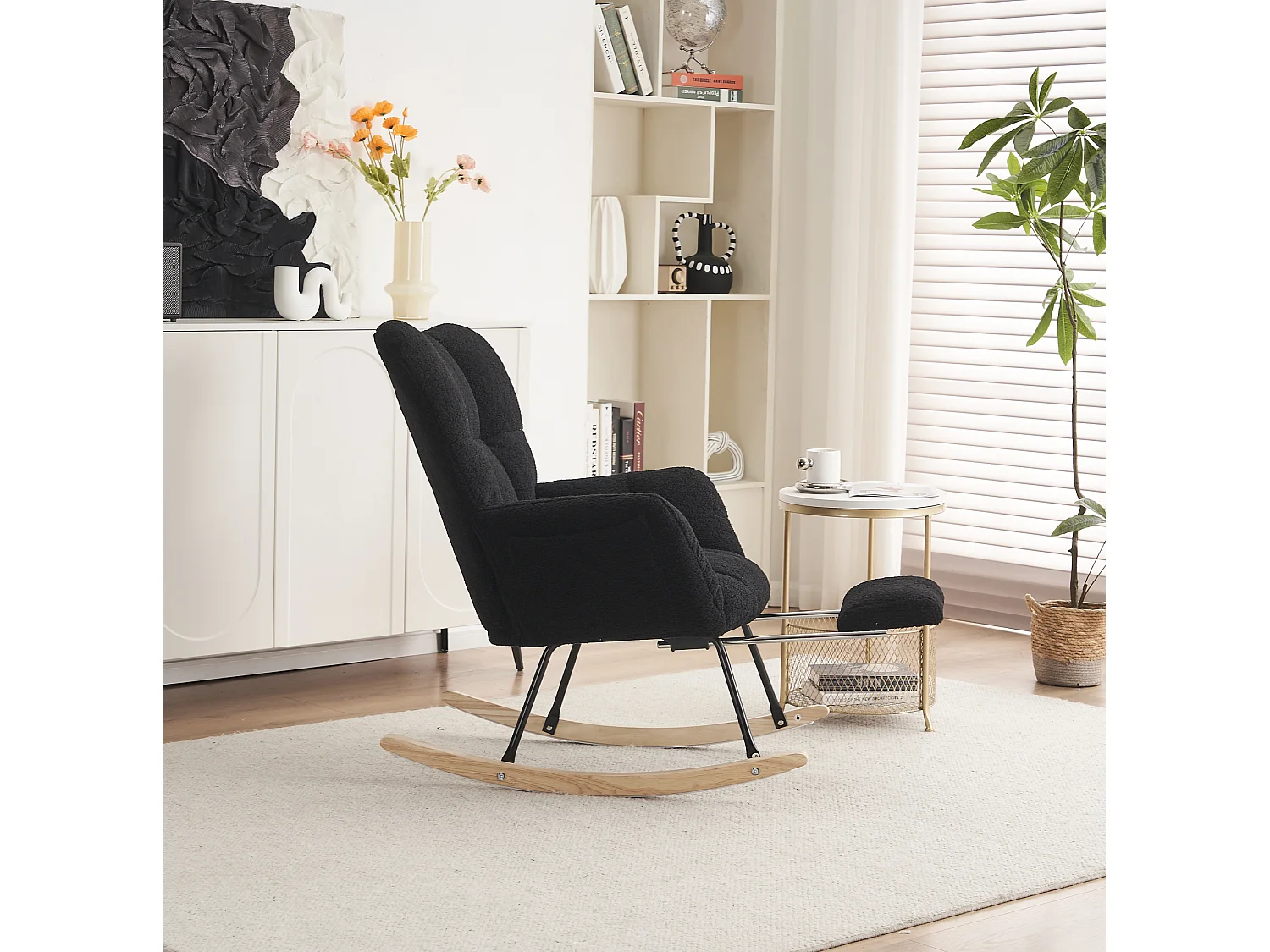 Fauteuil à bascule 80/98/98.5 cm, Rocking chair avec repose-pieds pliable Lammfell-Optik noir