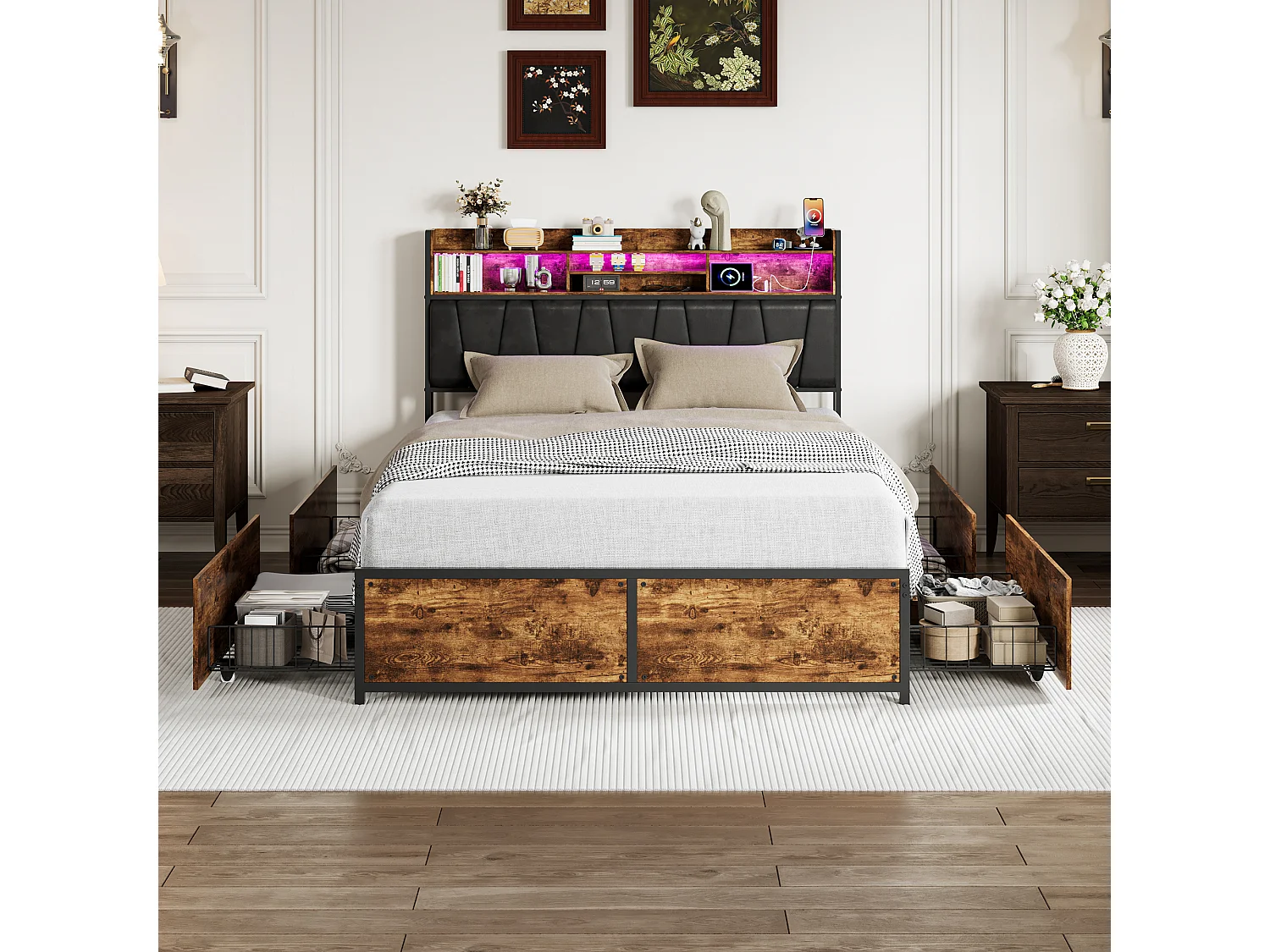 Lit coffre double 140x200cm à tête de lit capitonnée RGB-LED avec ports USB, 4 tiroirs de rangement,noir,sommier à lattes sans matelas，PU