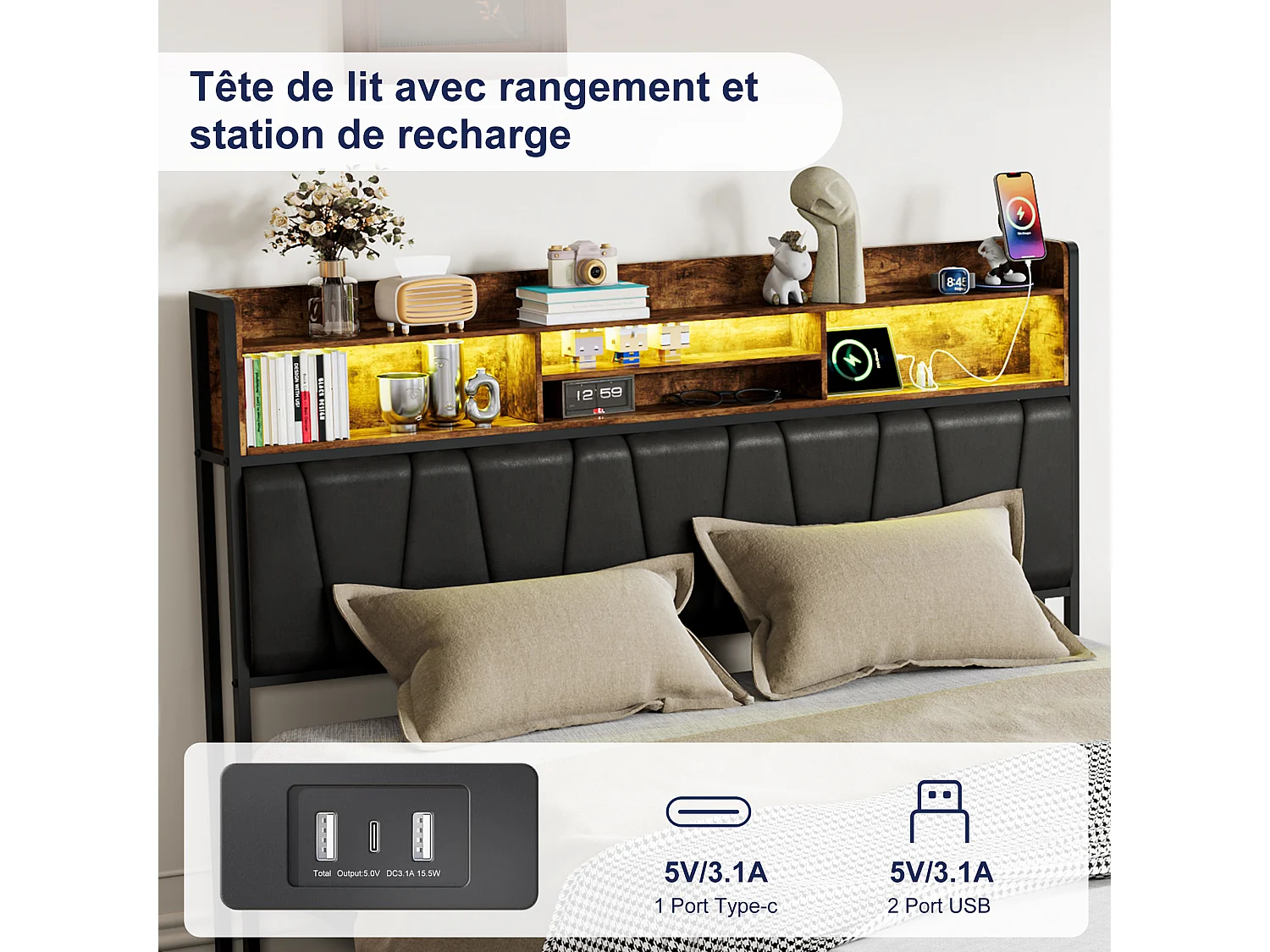 Lit coffre double 140x200cm à tête de lit capitonnée RGB-LED avec ports USB, 4 tiroirs de rangement,noir,sommier à lattes sans matelas，PU
