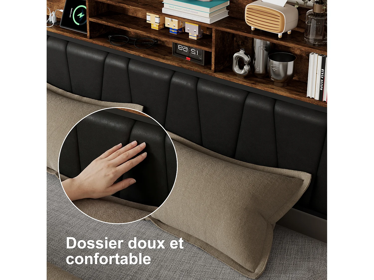Lit coffre double 140x200cm à tête de lit capitonnée RGB-LED avec ports USB, 4 tiroirs de rangement,noir,sommier à lattes sans matelas，PU