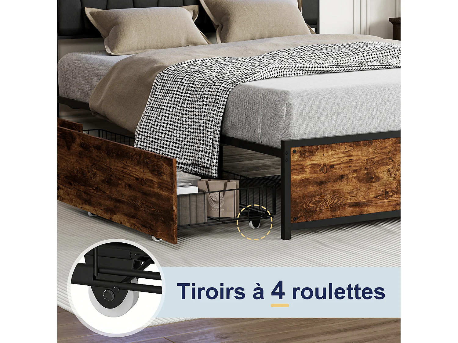 Lit coffre double 140x200cm à tête de lit capitonnée RGB-LED avec ports USB, 4 tiroirs de rangement,noir,sommier à lattes sans matelas，PU