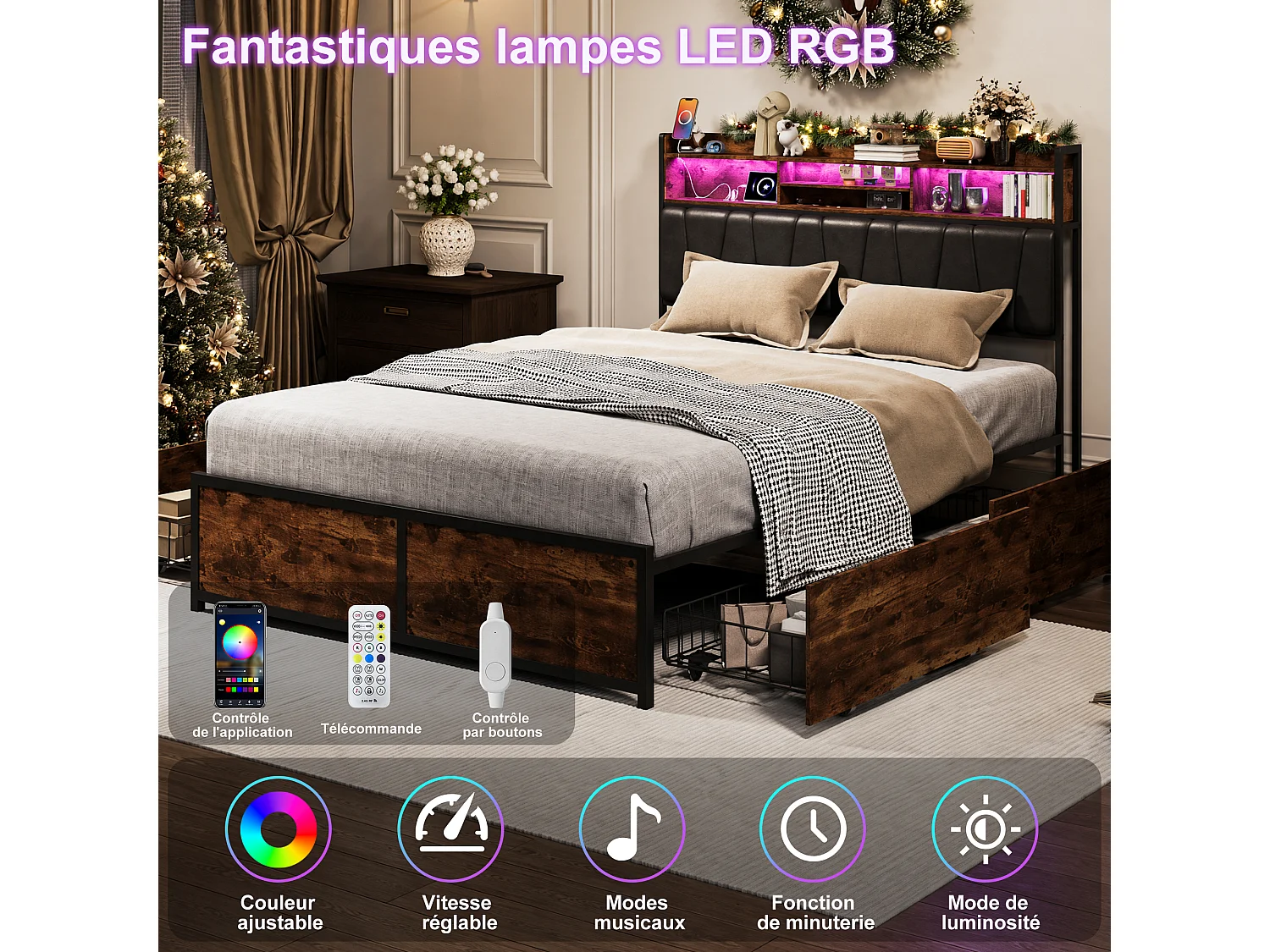 Lit coffre double 140x200cm à tête de lit capitonnée RGB-LED avec ports USB, 4 tiroirs de rangement,noir,sommier à lattes sans matelas，PU