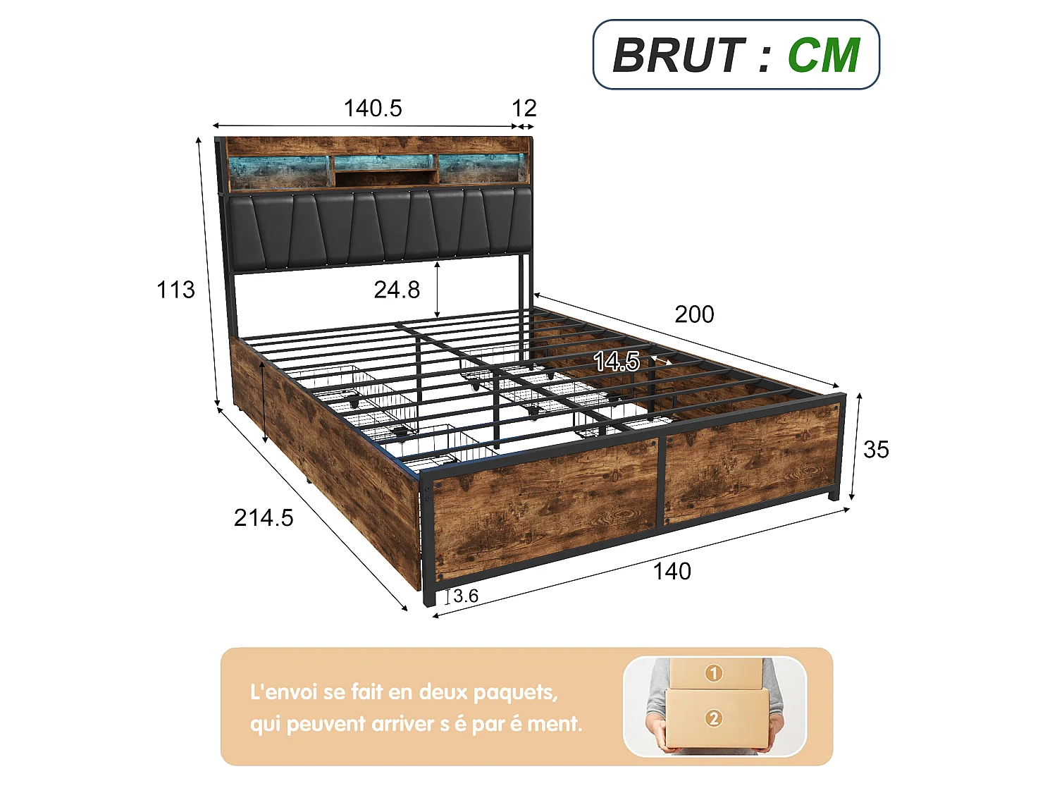 Lit coffre double 140x200cm à tête de lit capitonnée RGB-LED avec ports USB, 4 tiroirs de rangement,noir,sommier à lattes sans matelas，PU