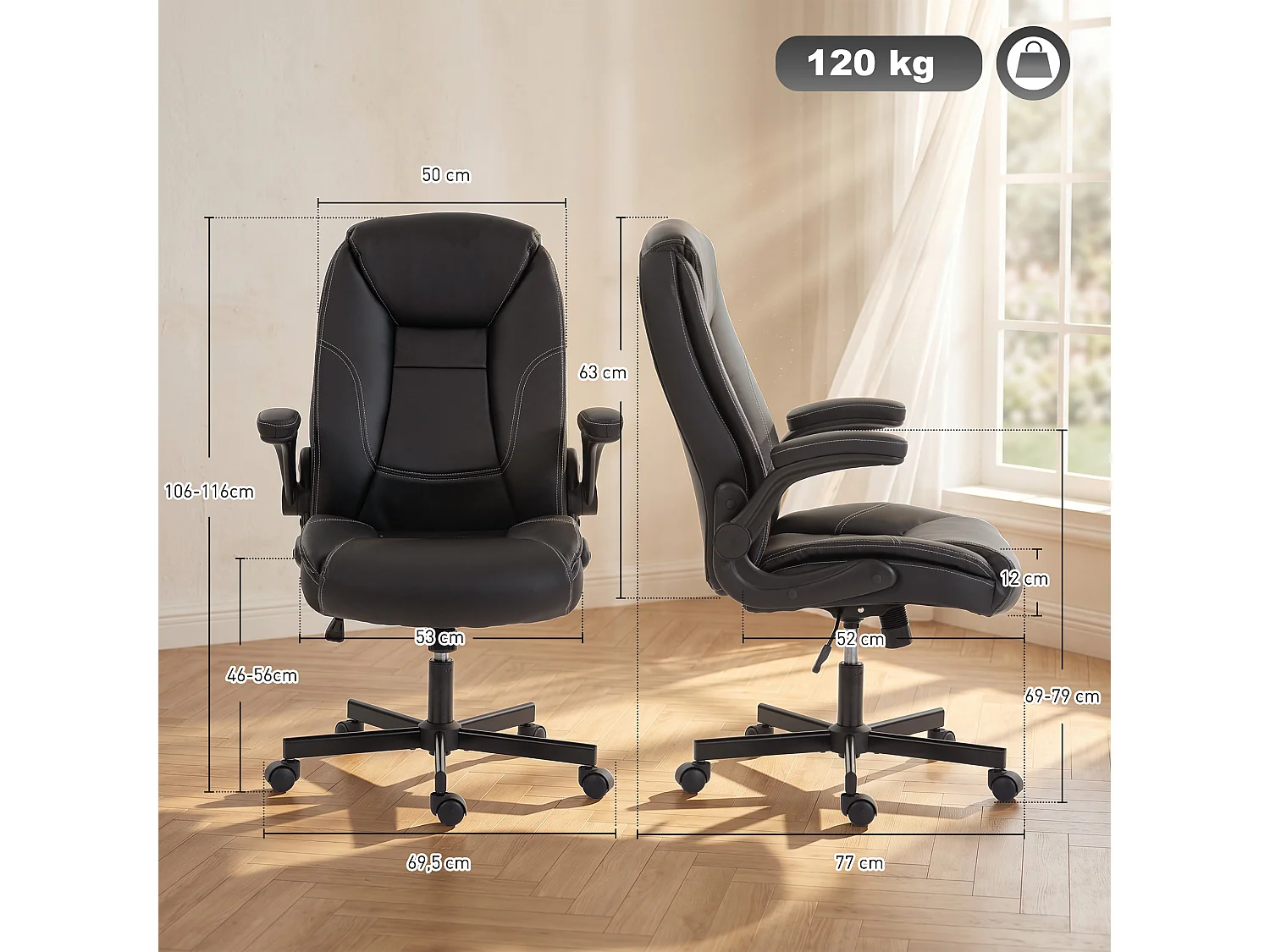 Chaise de bureau manager accoudoirs relevables synthétique noir surpiqûres blanc