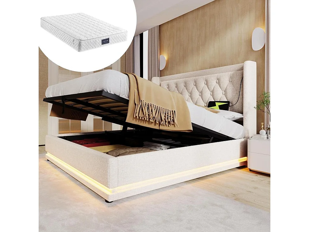 Lit Coffre 140x200 cm avec Matelas, Rangement Hydraulique, LED 3 Côtés, USB Type-C, Tête de Lit, Lit Double, Beige