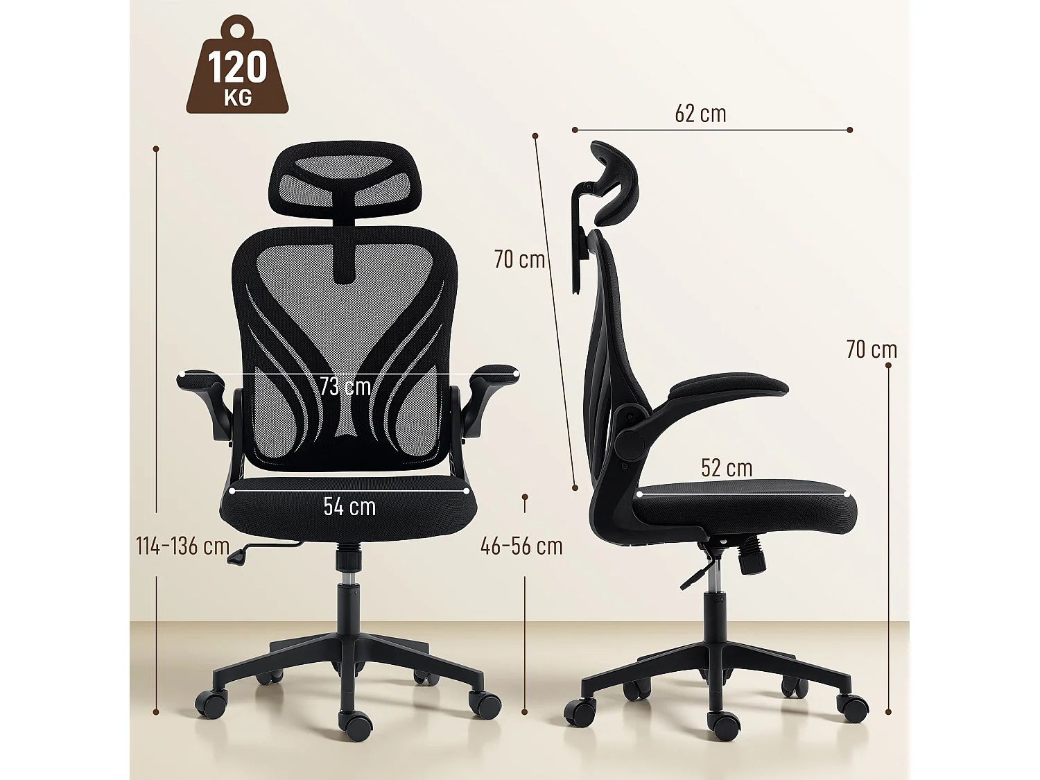 Chaise de bureau ergonomique réglable accoudoirs relevables dossier rabattable noir