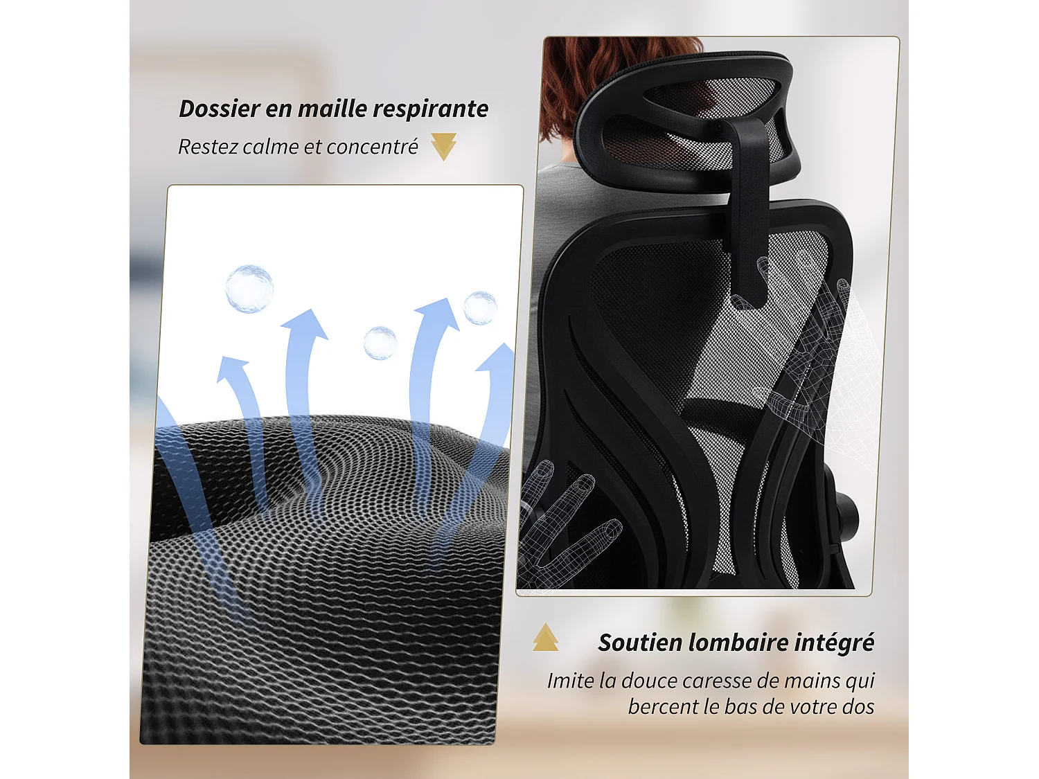 Chaise de bureau ergonomique réglable accoudoirs relevables dossier rabattable noir