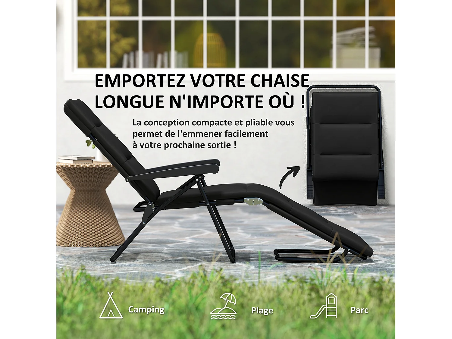 Bain de soleil pliable transat inclinable 6 positions grand confort avec matelas + accoudoirs acier polyester noir