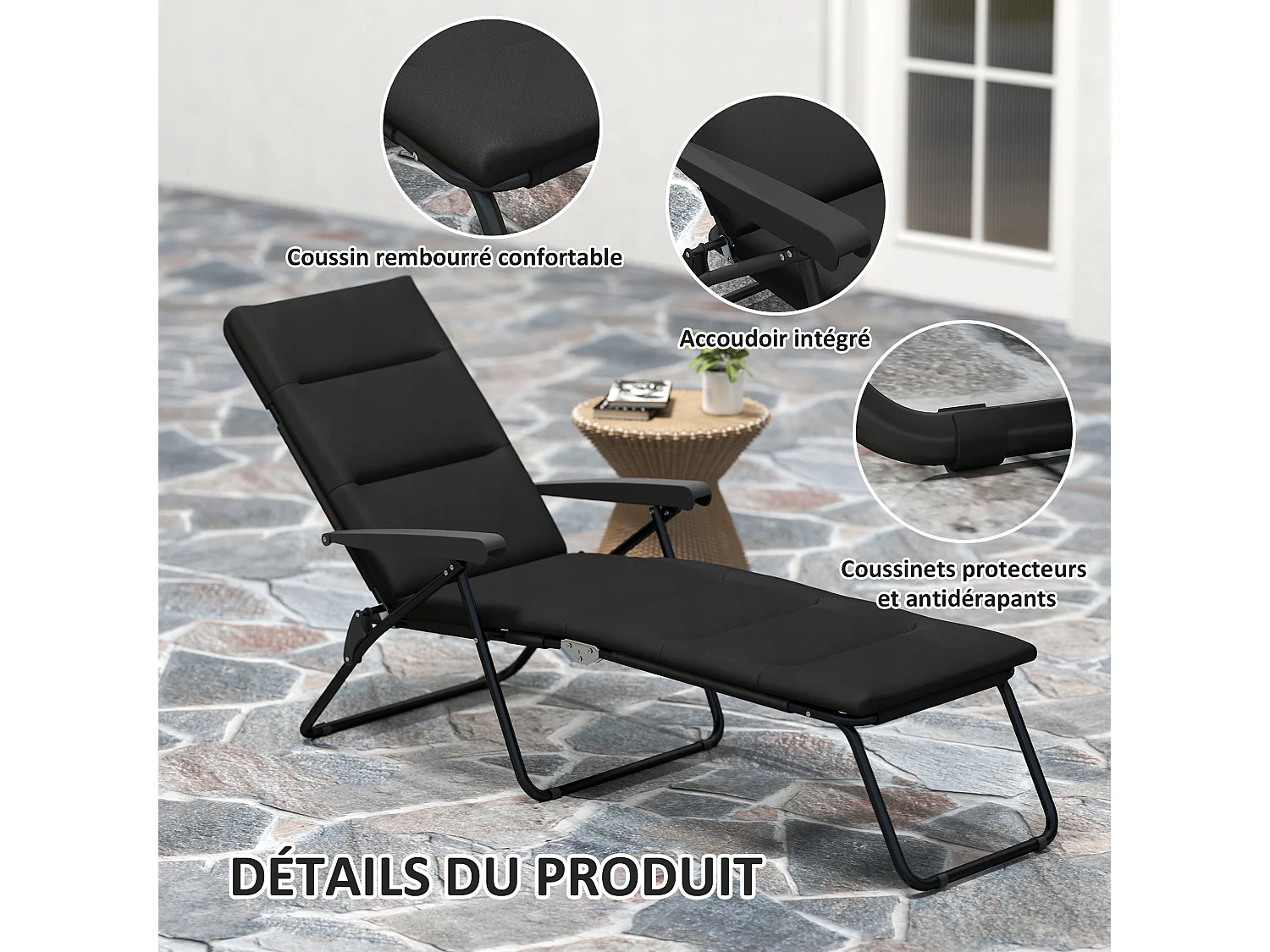 Bain de soleil pliable transat inclinable 6 positions grand confort avec matelas + accoudoirs acier polyester noir