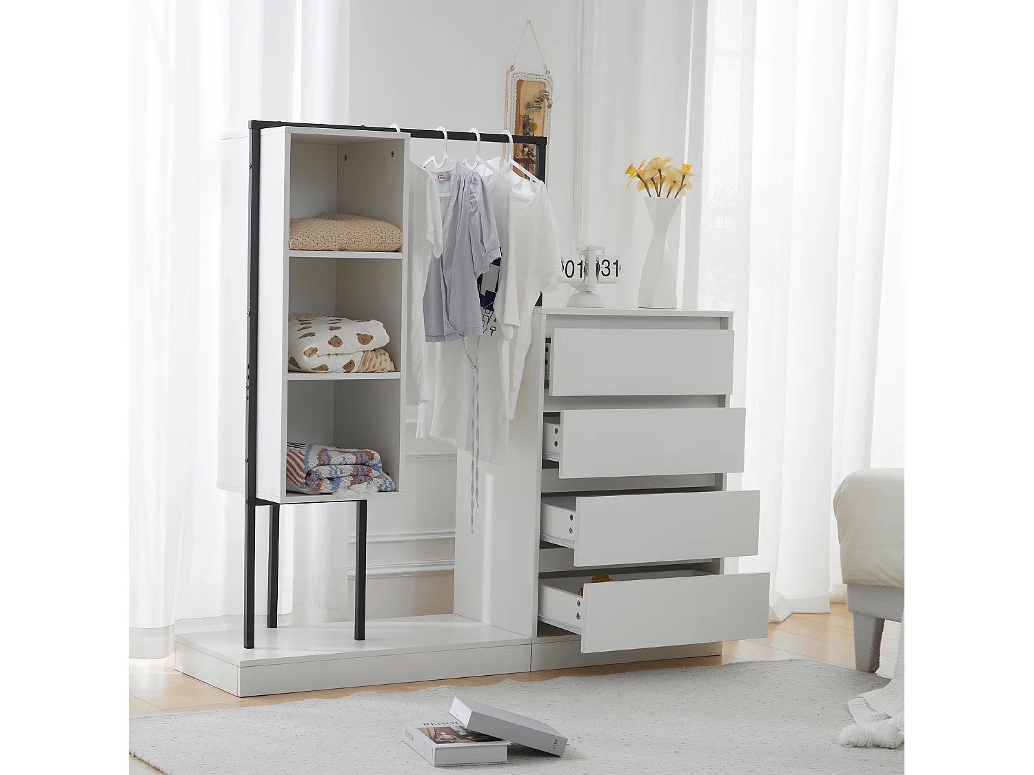 Commode multifonctionnel - 4 tiroirs +3 compartiments ouverts + tringle à vêtements - Blanc