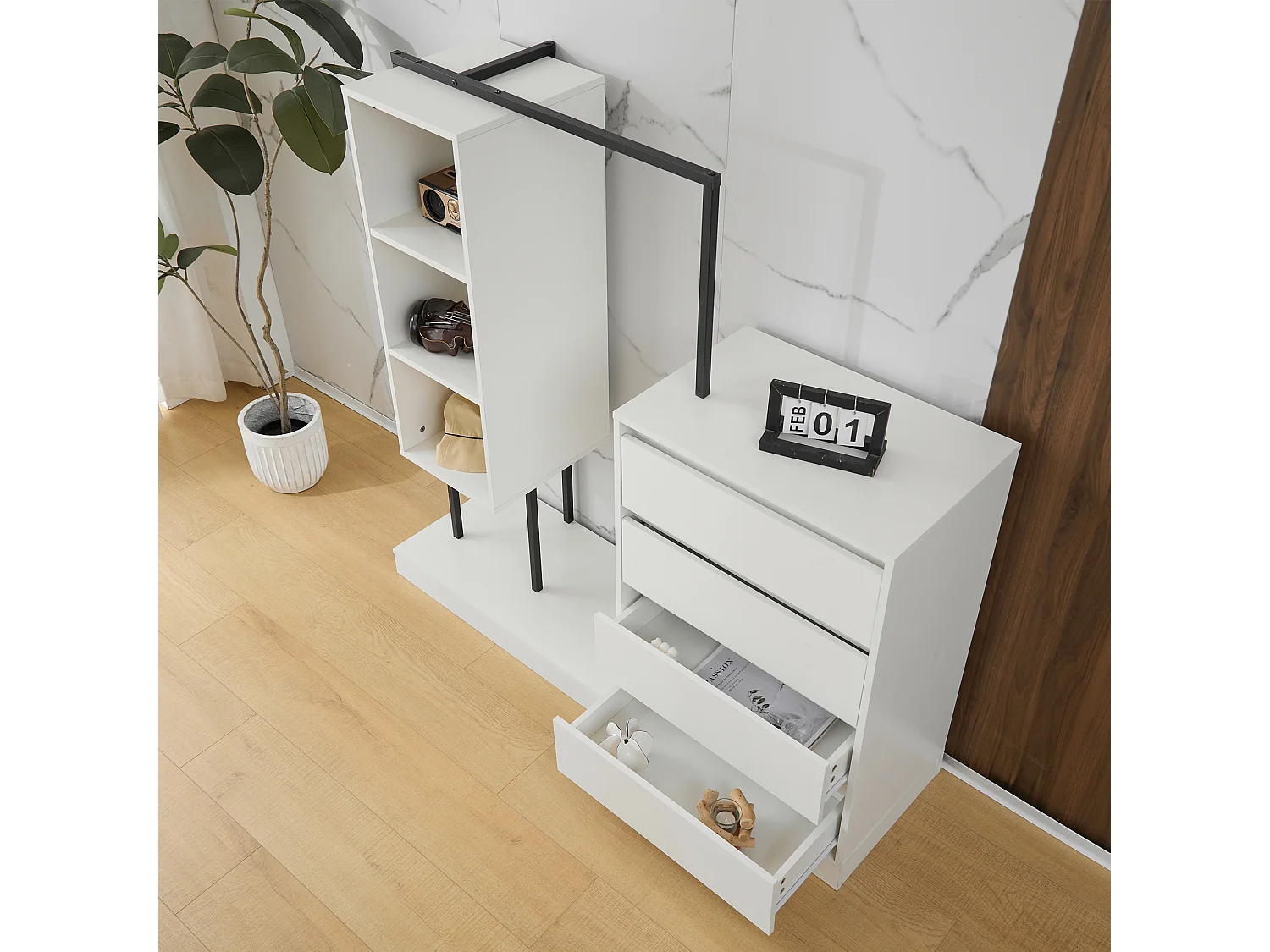 Commode multifonctionnel - 4 tiroirs +3 compartiments ouverts + tringle à vêtements - Blanc