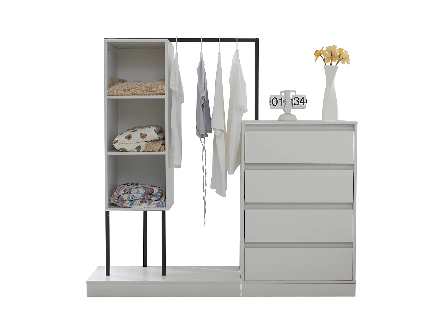 Commode multifonctionnel - 4 tiroirs +3 compartiments ouverts + tringle à vêtements - Blanc