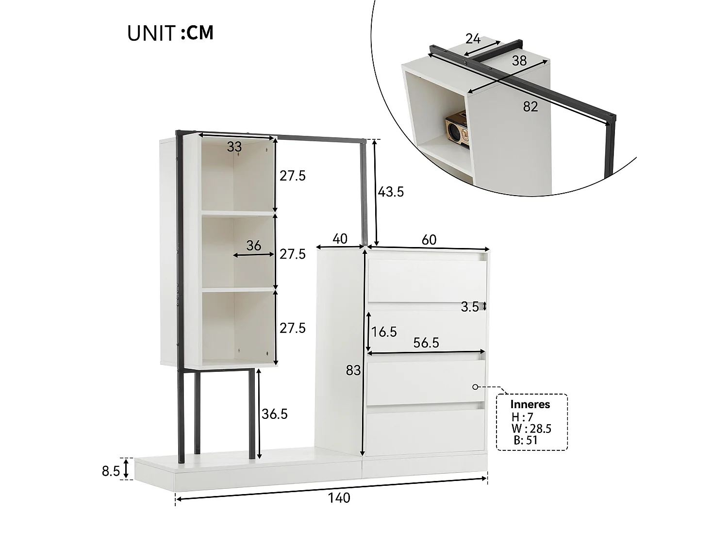 Commode multifonctionnel - 4 tiroirs +3 compartiments ouverts + tringle à vêtements - Blanc