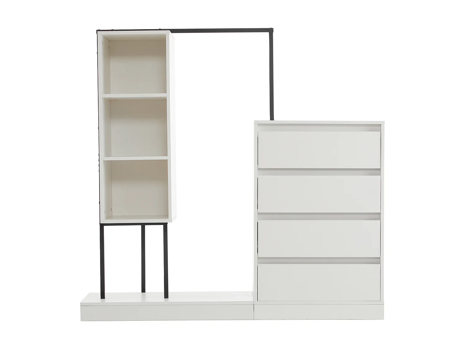 Commode multifonctionnel - 4 tiroirs +3 compartiments ouverts + tringle à vêtements - Blanc