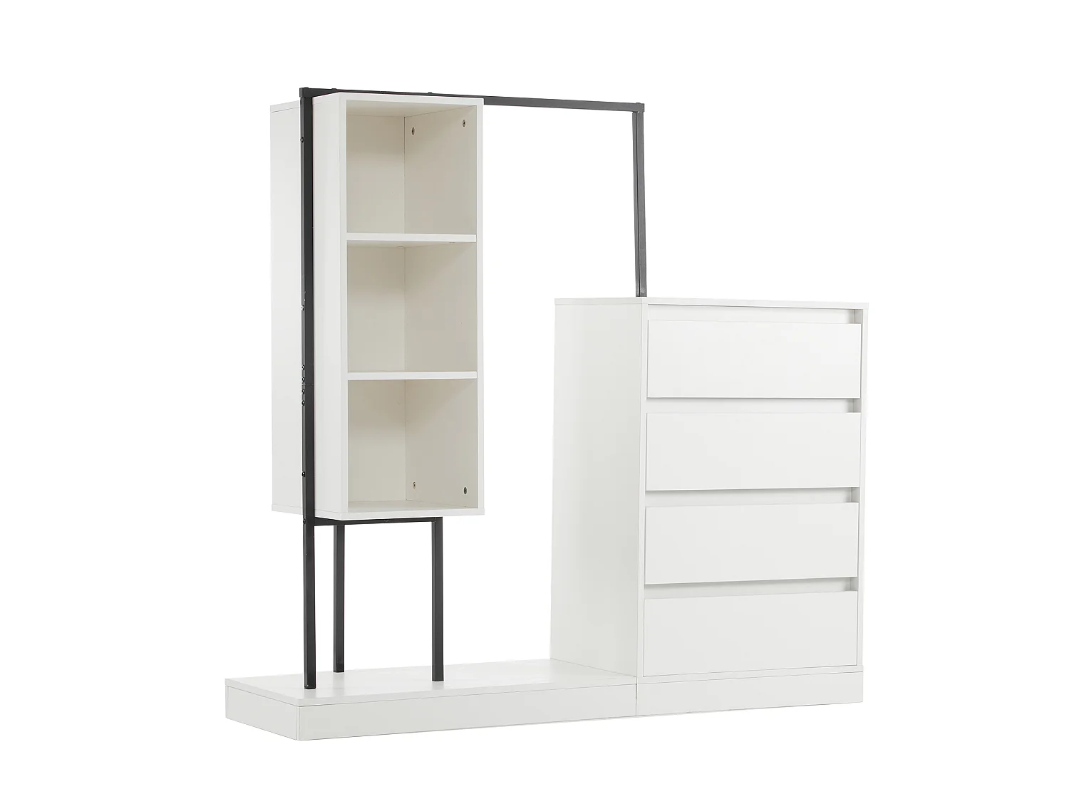 Commode multifonctionnel - 4 tiroirs +3 compartiments ouverts + tringle à vêtements - Blanc