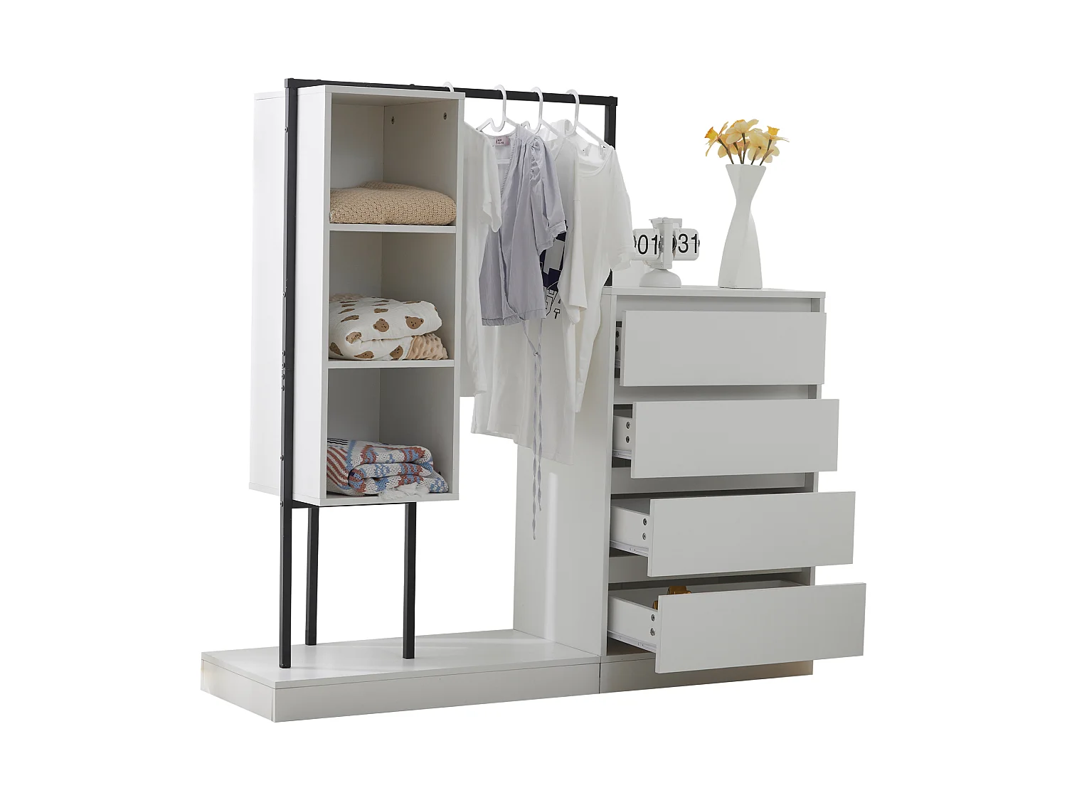 Commode multifonctionnel - 4 tiroirs +3 compartiments ouverts + tringle à vêtements - Blanc