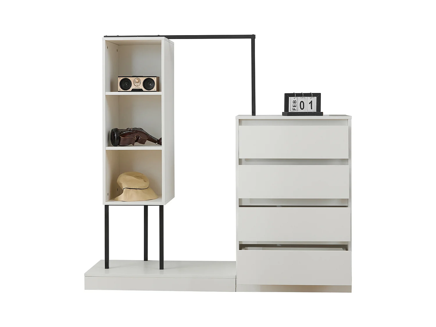 Commode multifonctionnel - 4 tiroirs +3 compartiments ouverts + tringle à vêtements - Blanc