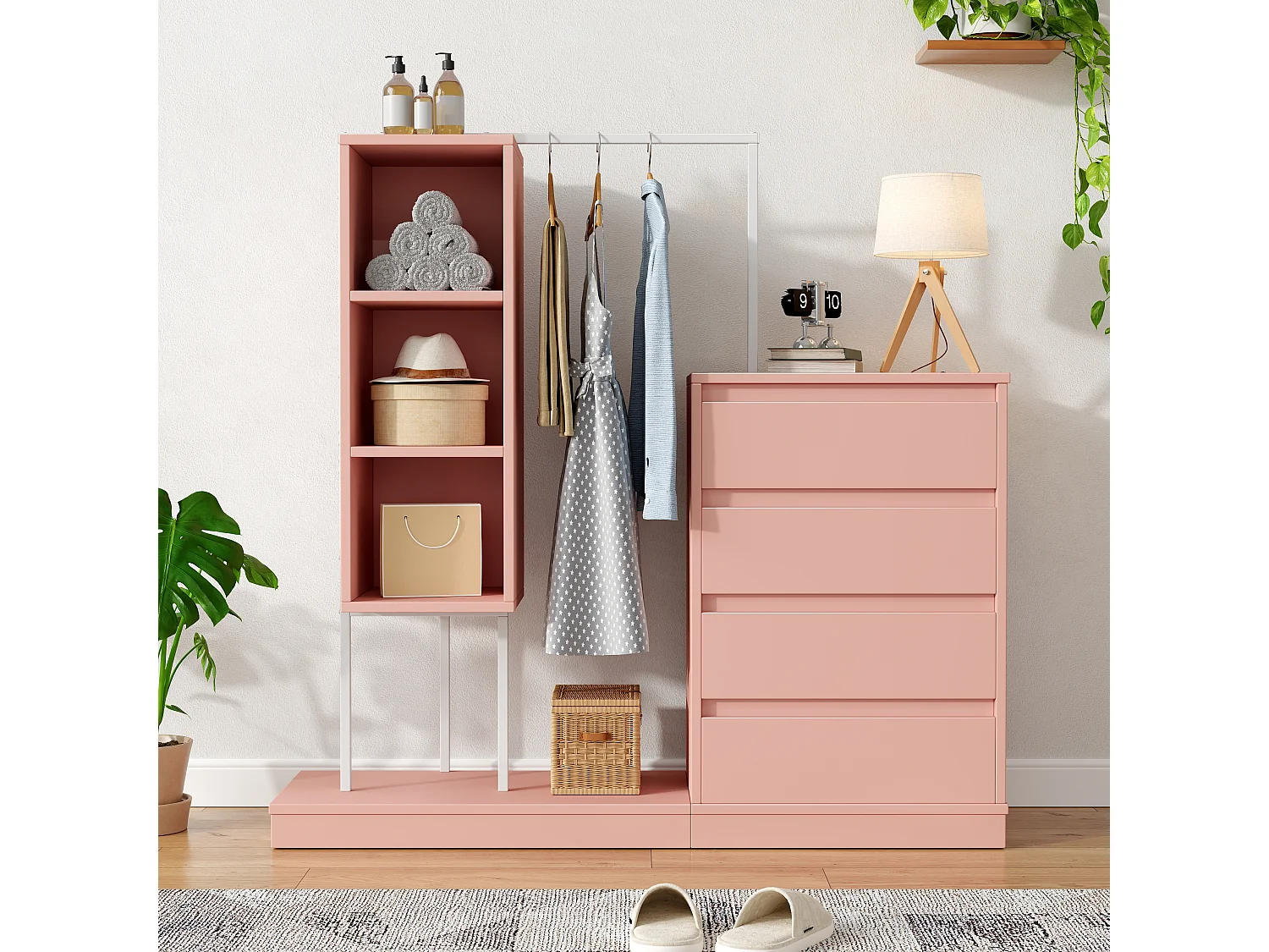 Commode multifonctionnel - 4 tiroirs +3 compartiments ouverts + tringle à vêtements - Rose