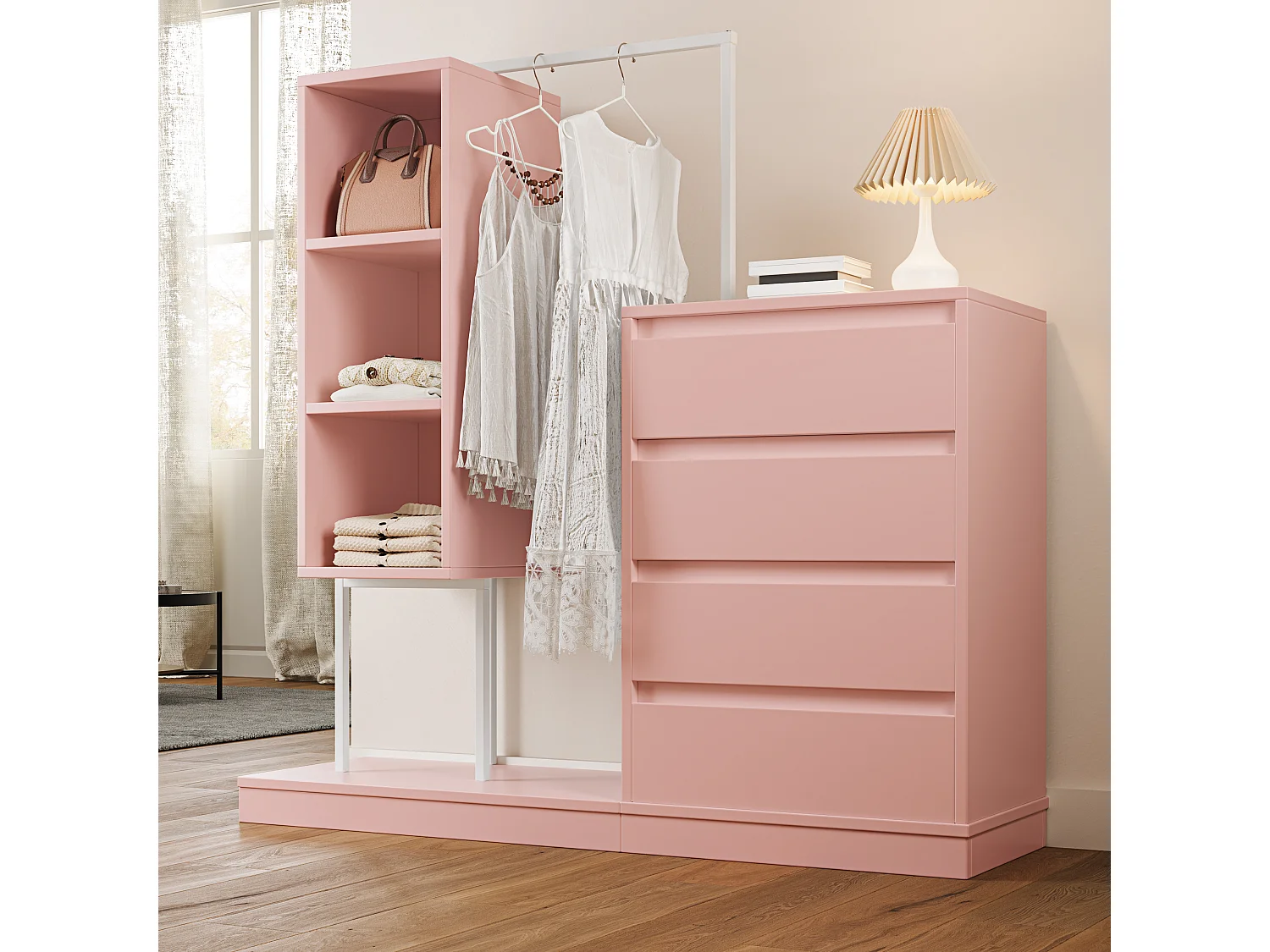 Commode multifonctionnel - 4 tiroirs +3 compartiments ouverts + tringle à vêtements - Rose