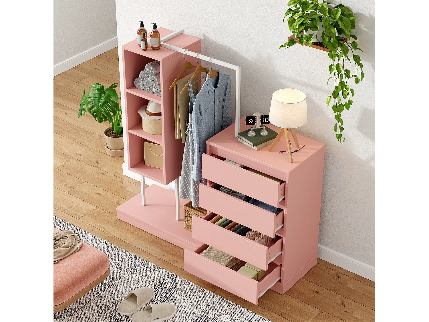 Commode multifonctionnel - 4 tiroirs +3 compartiments ouverts + tringle à vêtements - Rose