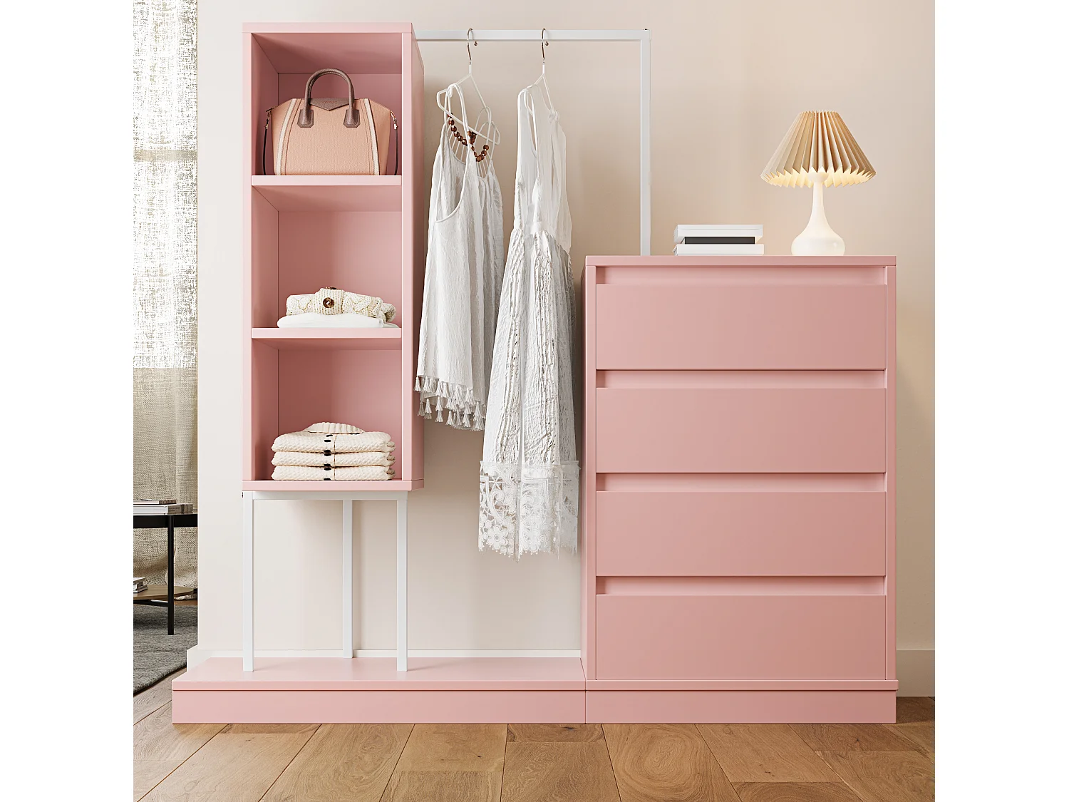 Commode multifonctionnel - 4 tiroirs +3 compartiments ouverts + tringle à vêtements - Rose
