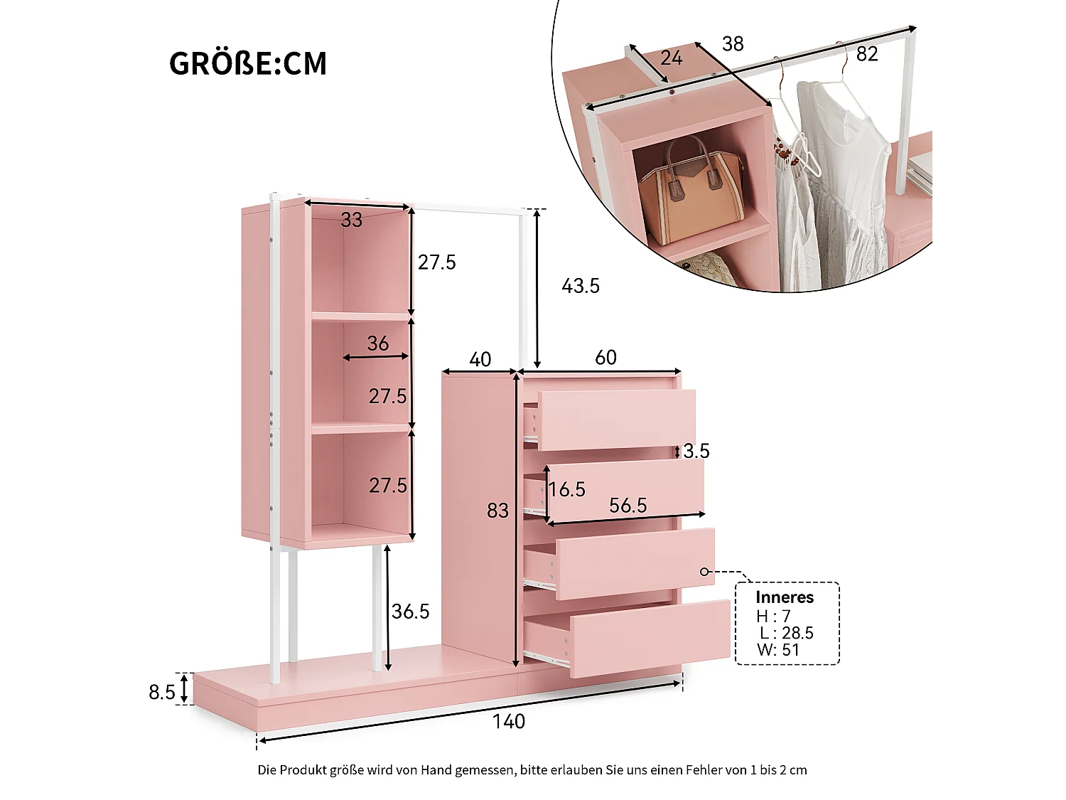 Commode multifonctionnel - 4 tiroirs +3 compartiments ouverts + tringle à vêtements - Rose